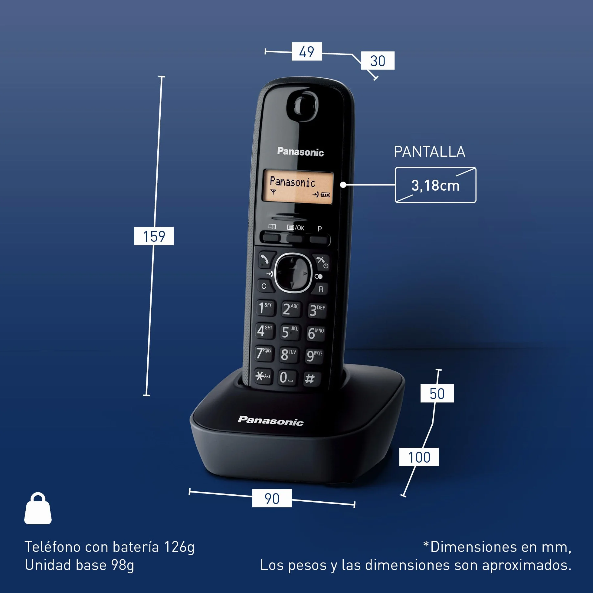 Panasonic KX-TG1611SPH Teléfono Inalámbrico Digital DECT Negro Base y 1 Auricular Identificador Llamadas Batería LCD