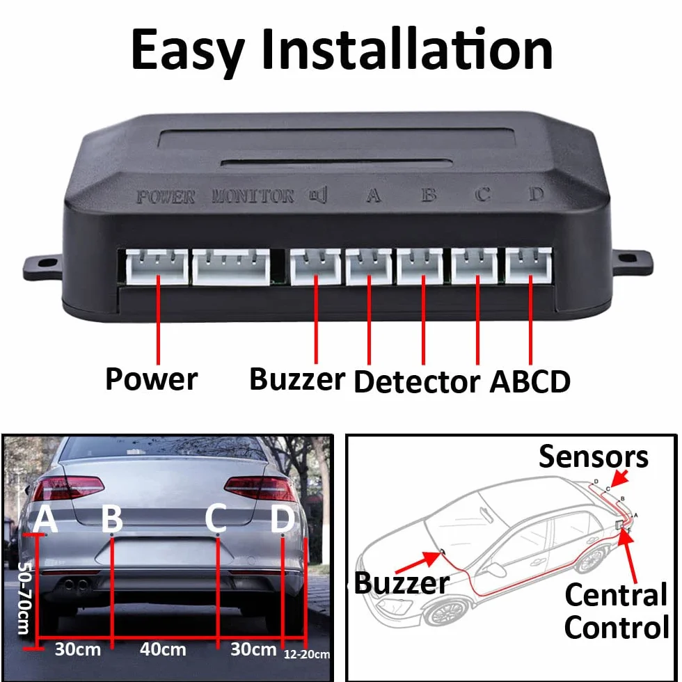 Kit de Sensor de Aparcamiento Coche 4 Sensores de Aparcamiento Sistema Radar Inverso Traseros Sensores de Estacionamiento Marcha Atrás Alarma de Sonido Negro