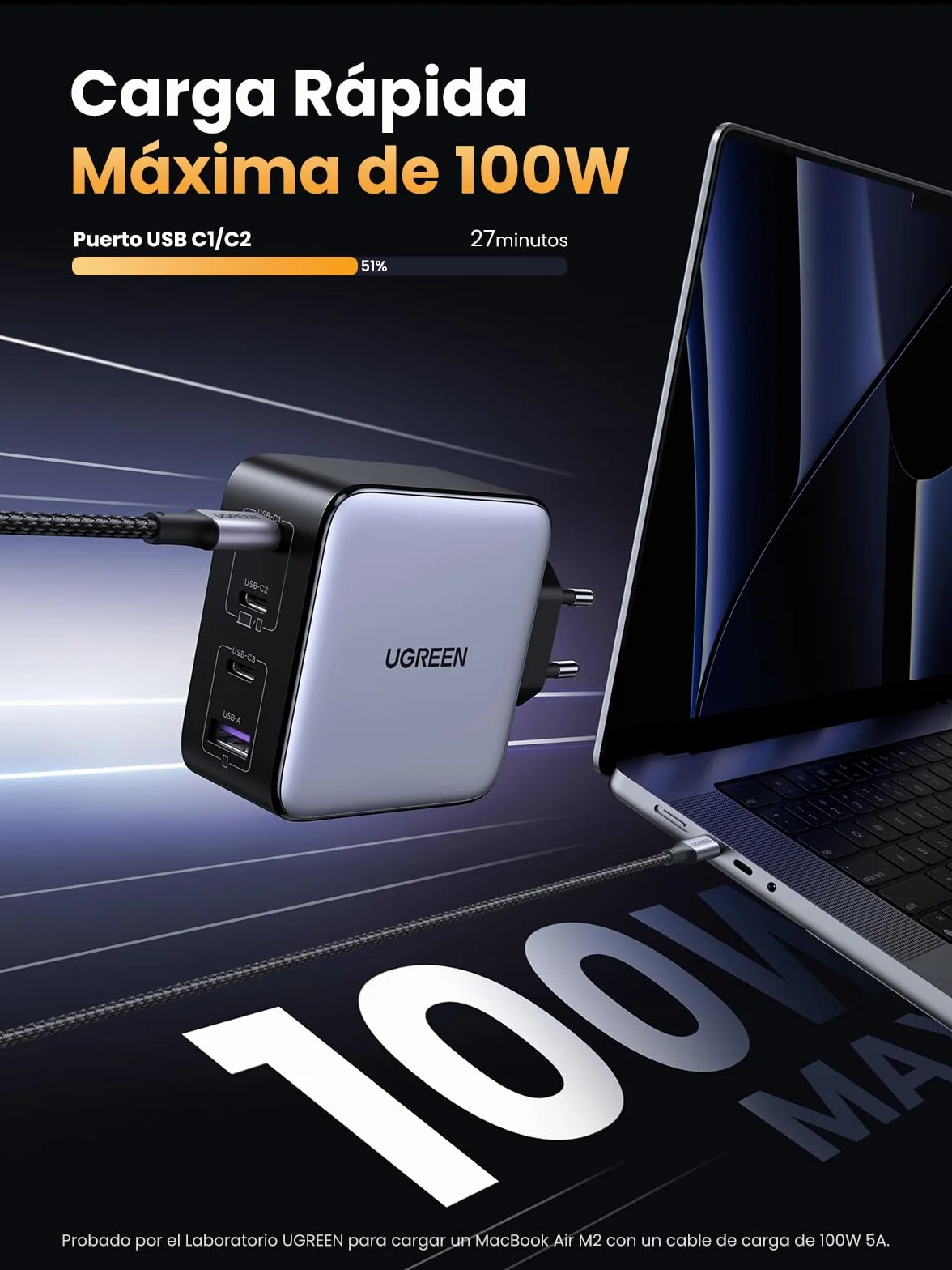 UGREEN Nexode 100W Cargador USB C Carga Rápida Multidispositivo con 4 Puertos Compatible con iPhone 17 Pro MAX Air 16 15 14 13 Galaxy S26 25 24 Pixel 10 Pro iPad MacBook M5 M4 Steam Deck