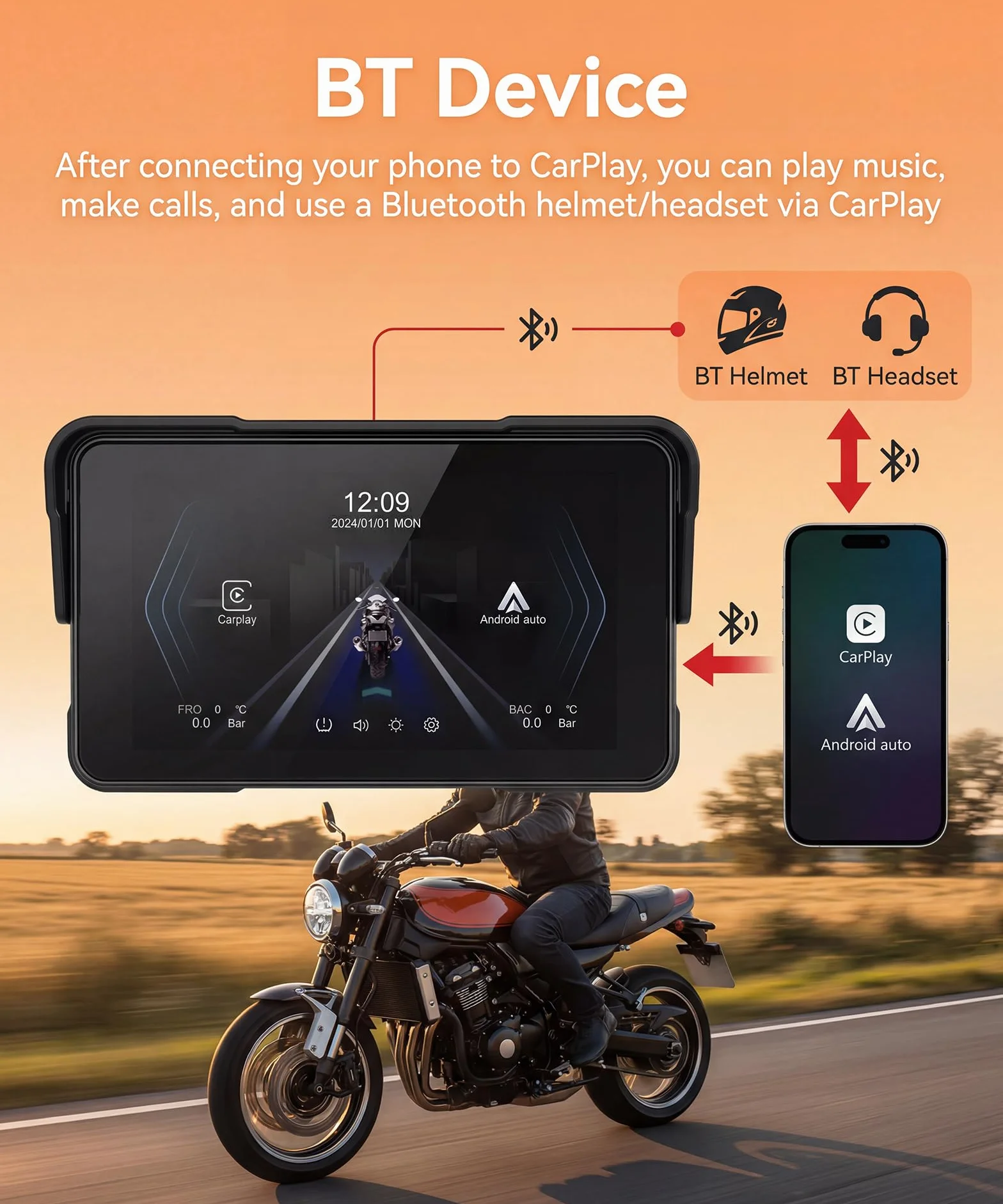 Rimoody 5 Pulgadas Carplay Pantalla para Moto con Control en el Manillar Soporte Desmontable, Pantalla CarPlay & Android Auto Inalámbrica para Motos, Radio Car Play Wireless Bluetooth Impermeable IP68