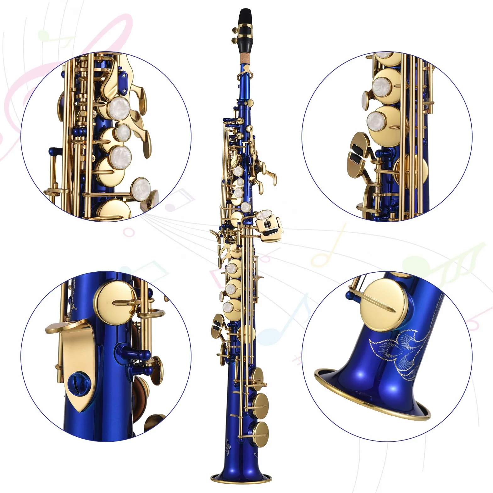 Btuty Saxofón soprano recto B♭ Si bemol Instrumento de viento de madera para estudiantes y principiantes con llave de concha natural en Azul, hecho de Latón