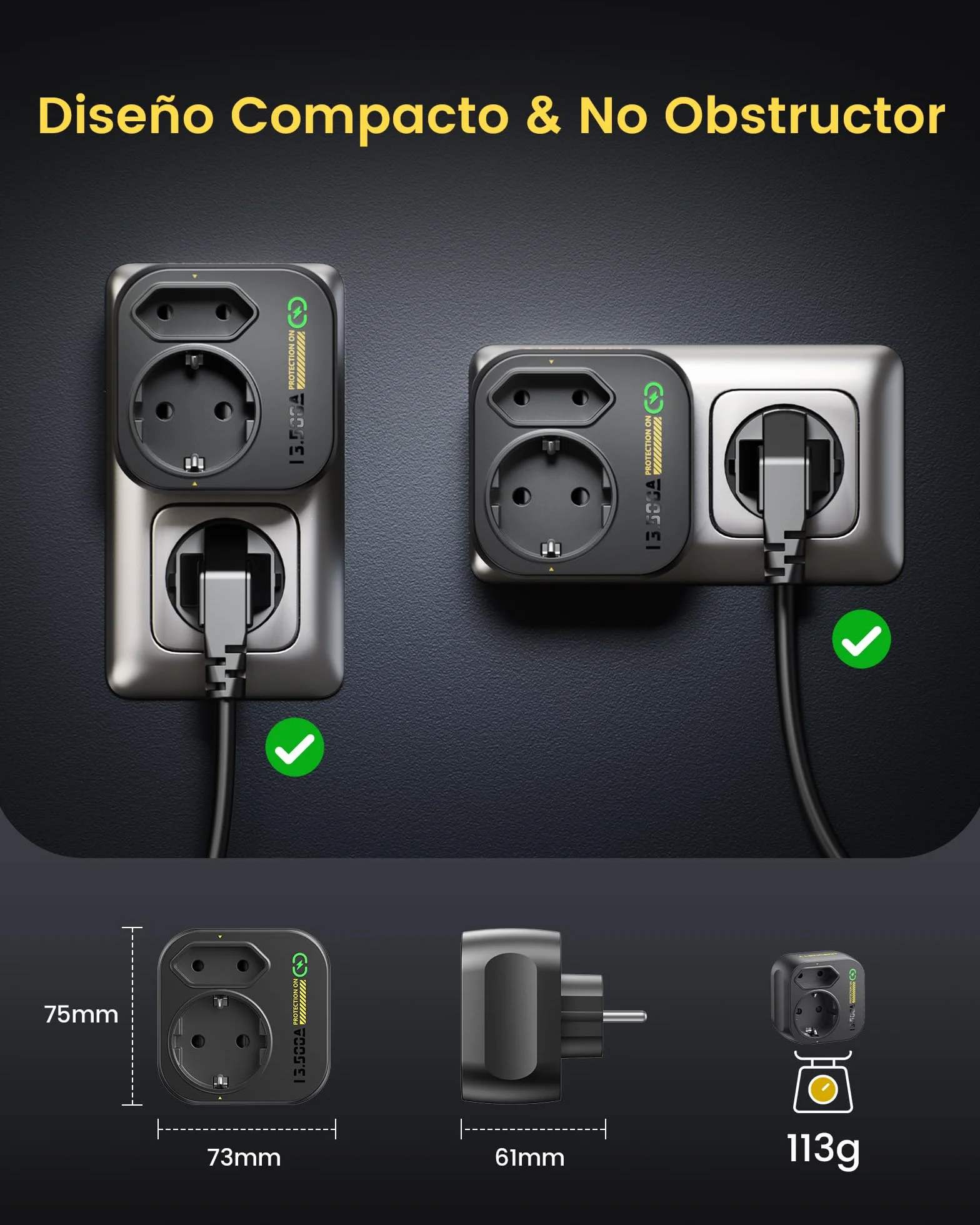 LENCENT Adaptador Enchufe de Protección contra Sobretensiones hasta 13.500A, Enchufe Multiple Pared Toma de Torriente de Protección para Toma de Tierra (3600 W 16 A)