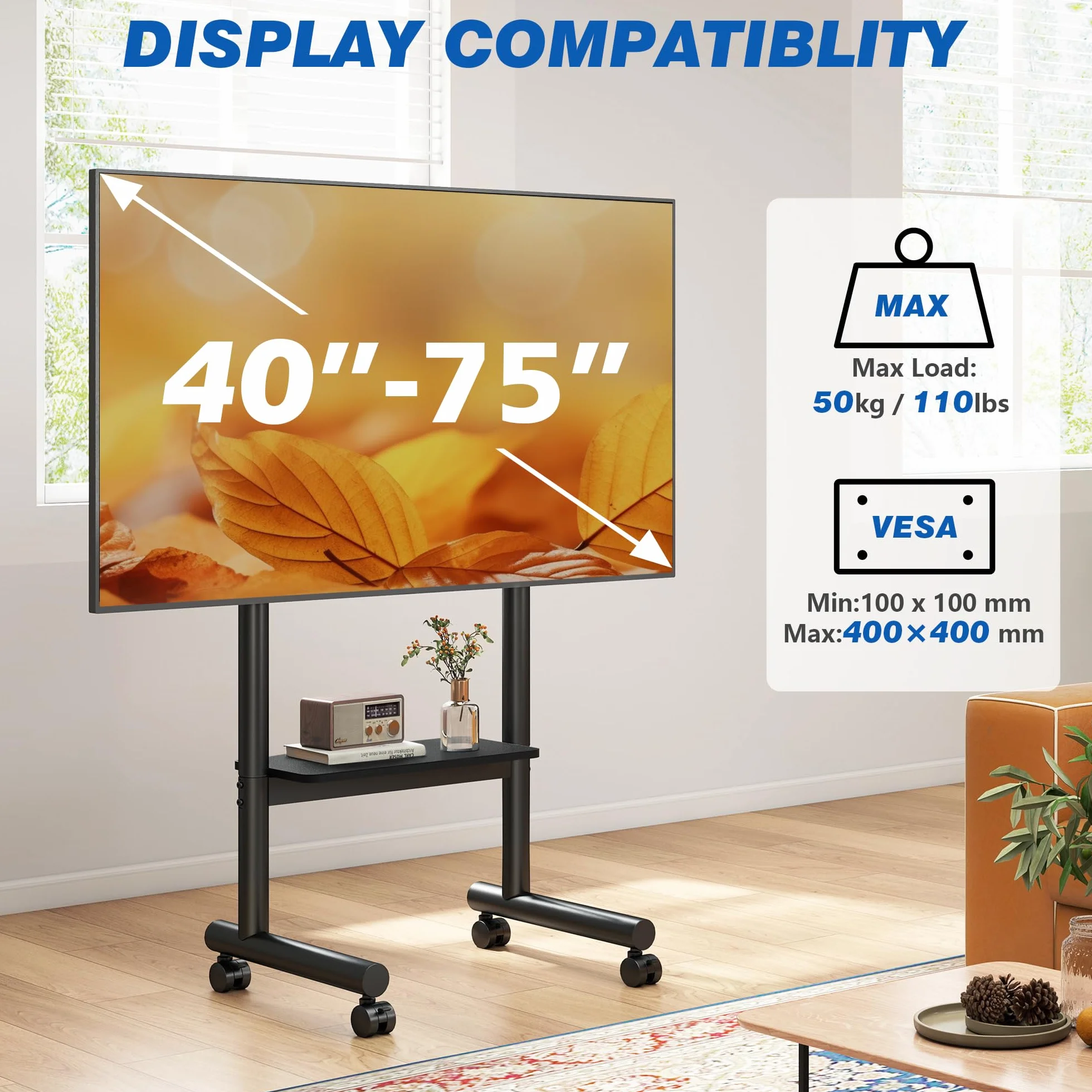 Soporte TV Móvil 5Rcom - Base Ajustable en Altura con Ruedas para Pantallas Planas LCD/LED/OLED de 32-70 Pulgadas - Carrito TV hasta 50 kg con Estante