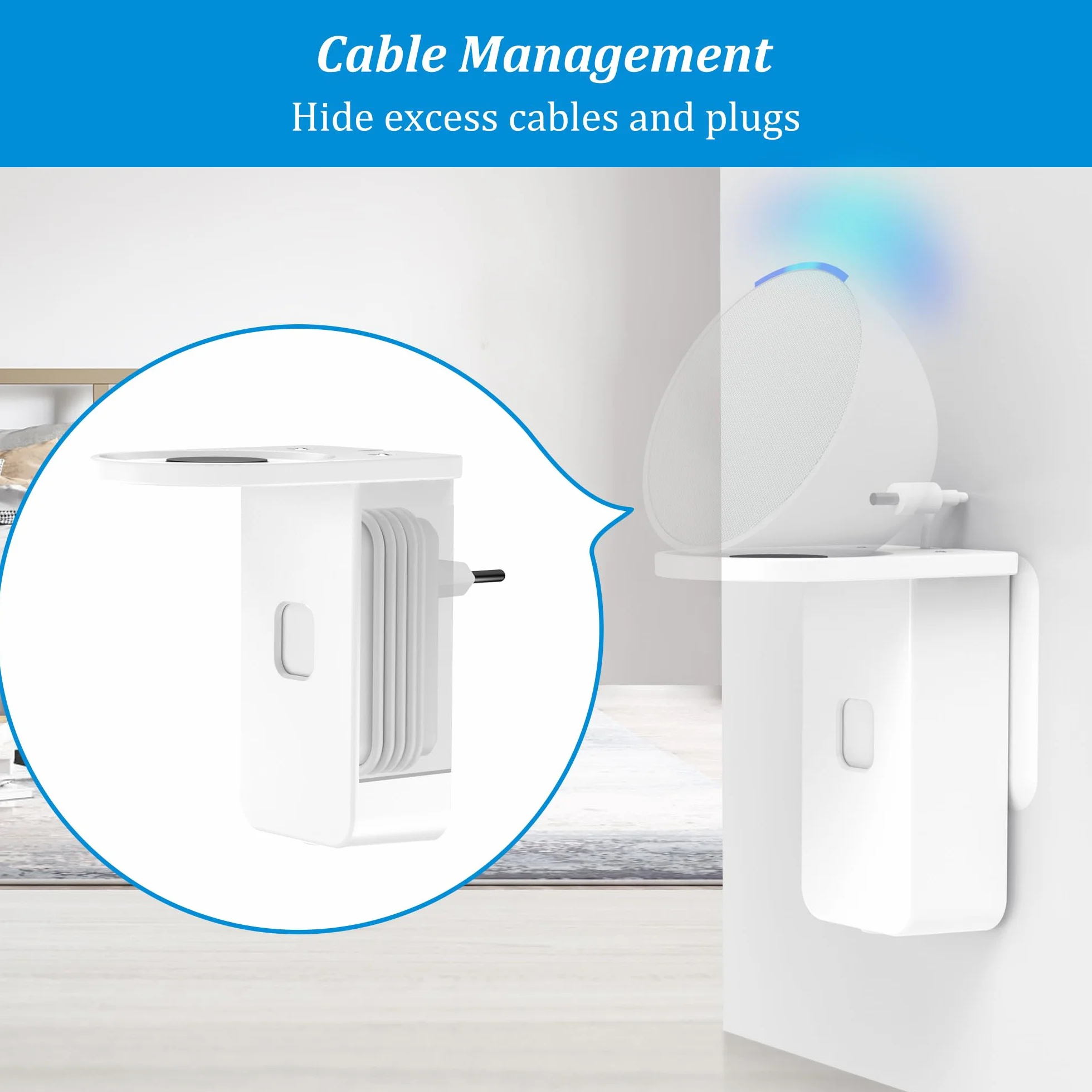 PlusAcc Soporte de Pared de Enchufe para ΡΟΡ - Soporte de Enchufe Que Ahorra Espacio para Accesorios de Altavoces Inteligentes, sin taladrar, cafetería, baño, Dormitorio (Blanco)