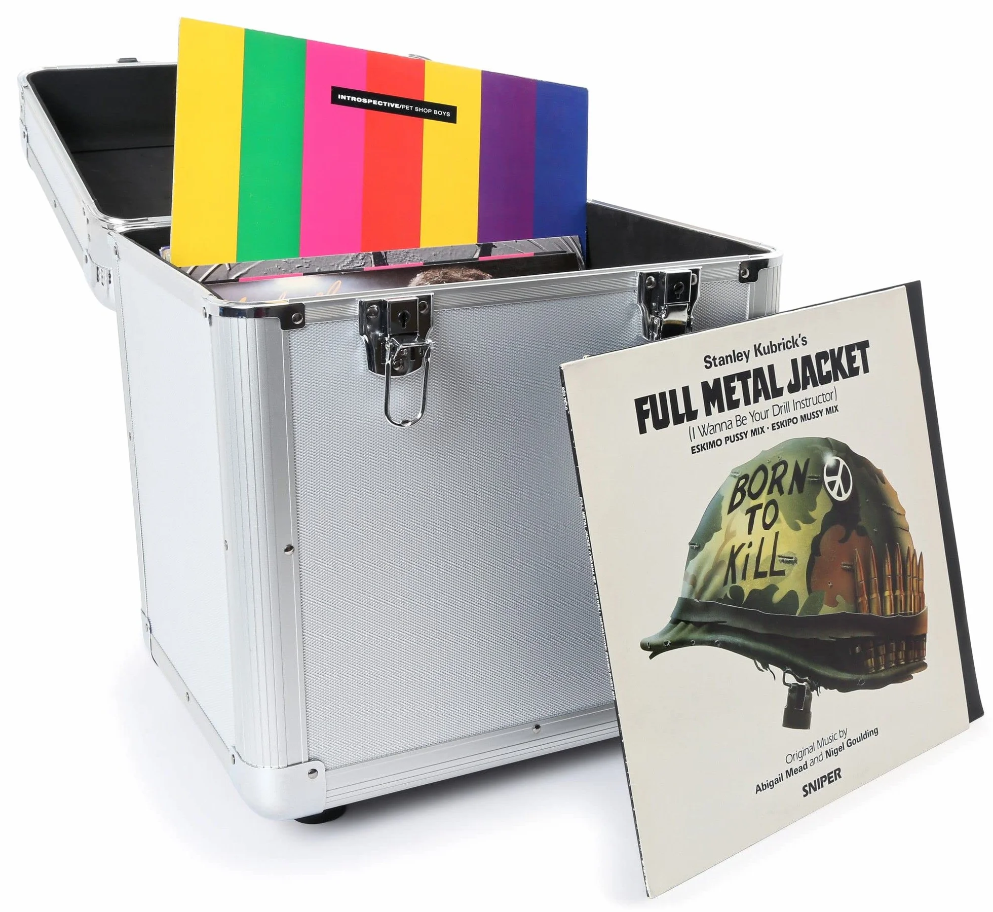 Power Dynamics RC100 Maleta para Discos de Vinilo. Maletin Caja vinilos Aluminio. Almacenaje Transporte LPs de 12", Caja Discos Vinilo. Maleta Acolchada, (Tapa extraíble, Cierres Mariposa) - Plata