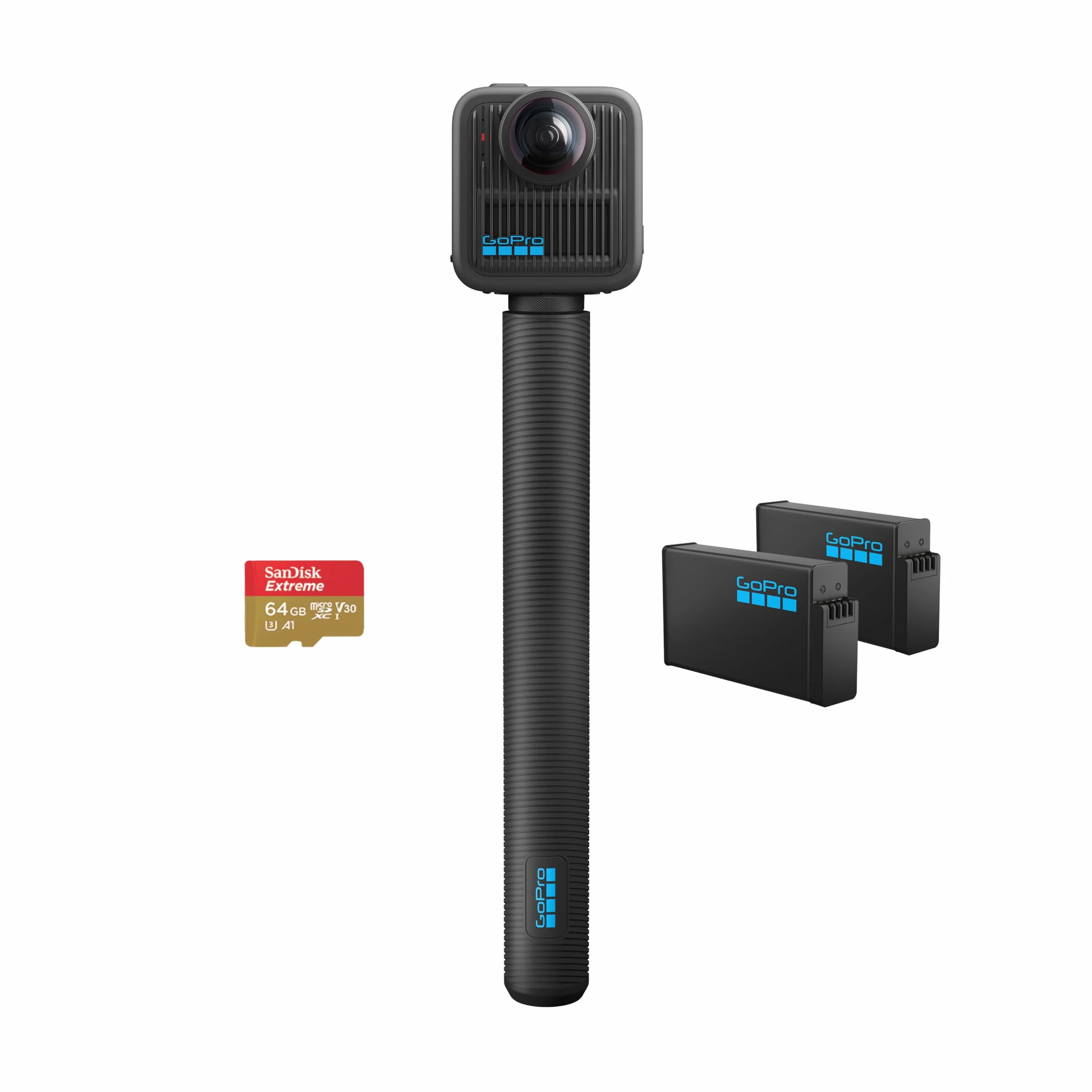 Paquete GoPro MAX2 + Accesorios: Incluye Poste de extensión de 1,2 m (4 pies), 2 baterías Enduro de 1960 mAh y Tarjeta microSD SanDisk de 64 GB