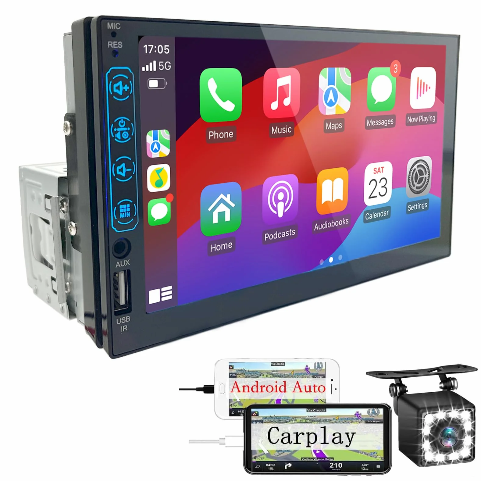Radio Coche 1 DIN con CarPlay y Android Auto - Pantalla Táctil de 7 Pulgadas, Autoradio con Bluetooth y Soporte Mirror Link para iOS/Android con Cámara de Respaldo
