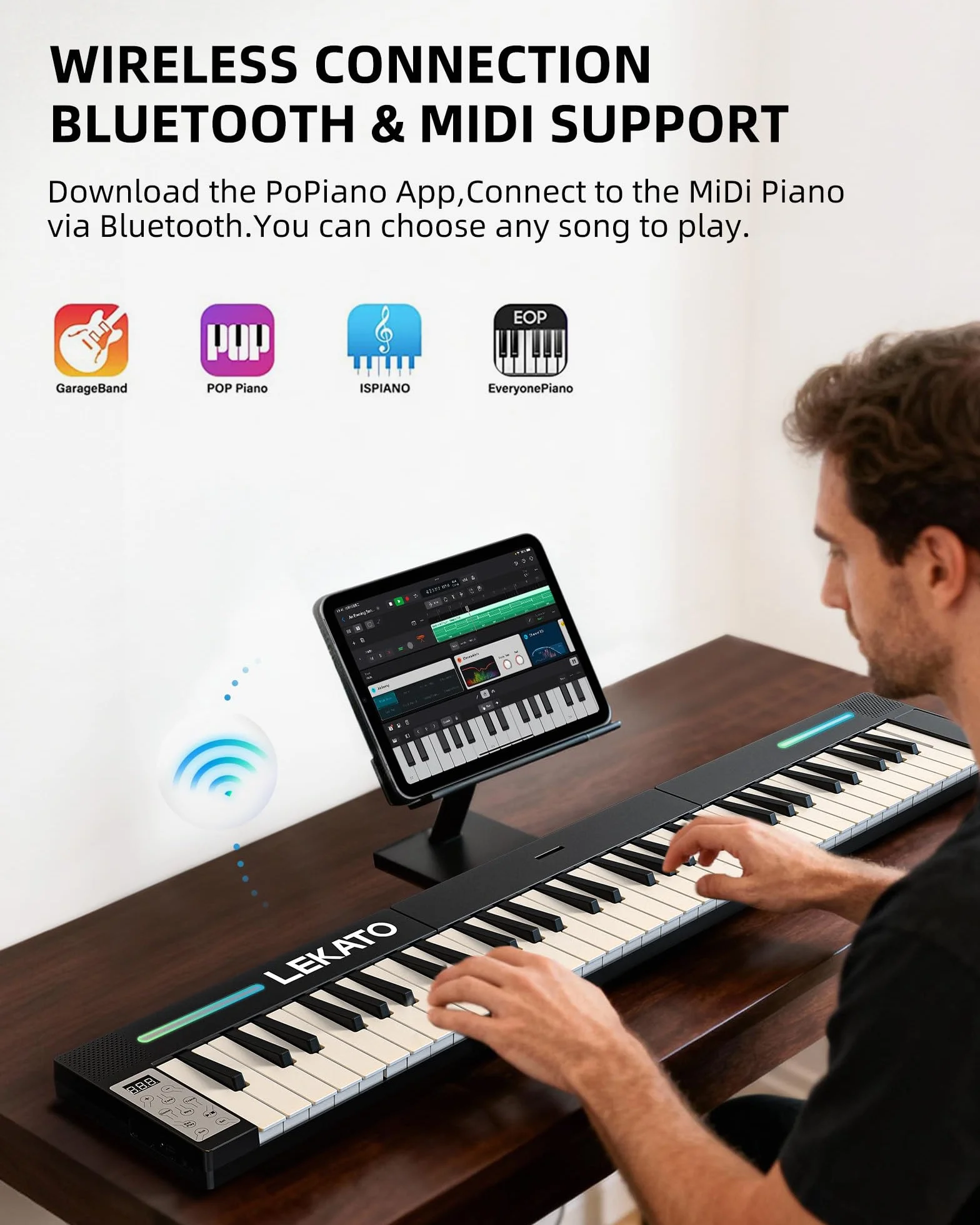 LEKATO teclado piano portátil 88 teclas magnético plegable piano electrónico 128 sonidos 128 ritmos Bluetooth MIDI split dual tone grabación auriculares principiantes hogar viaje