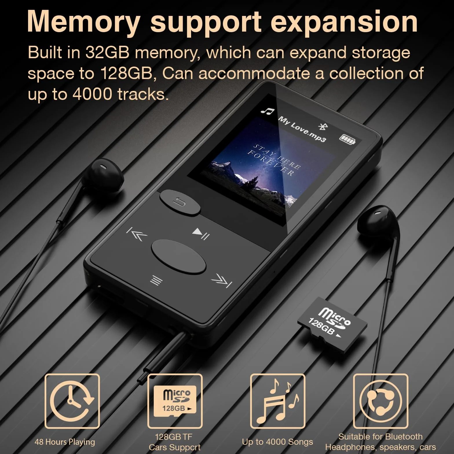 Reproductor MP3 Bluetooth Sonido HiFi con Radio FM y Auriculares Incluidos