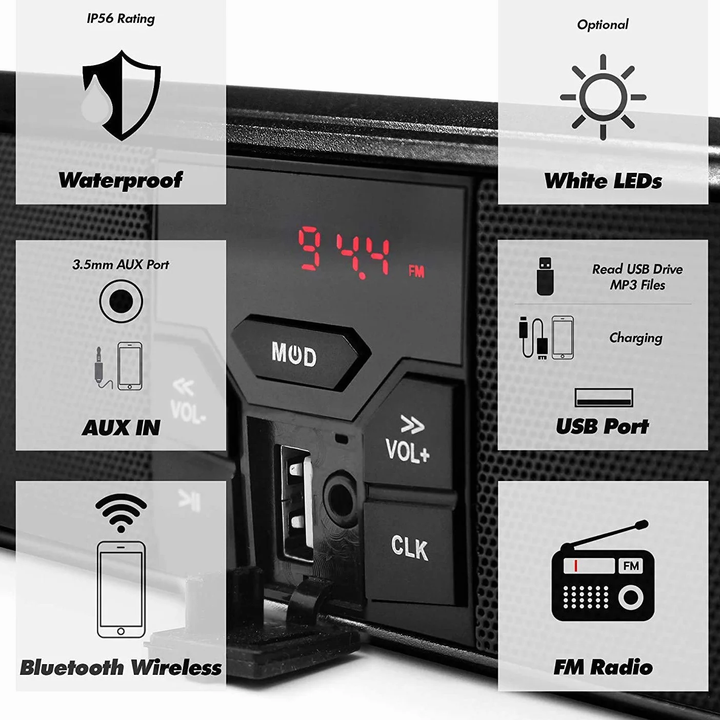 Altavoces estéreo para motocicleta y scooters, reproductor Bluetooth con USB, AUX-IN y radio FM para manubrio de 7/8-1.25 pulgadas