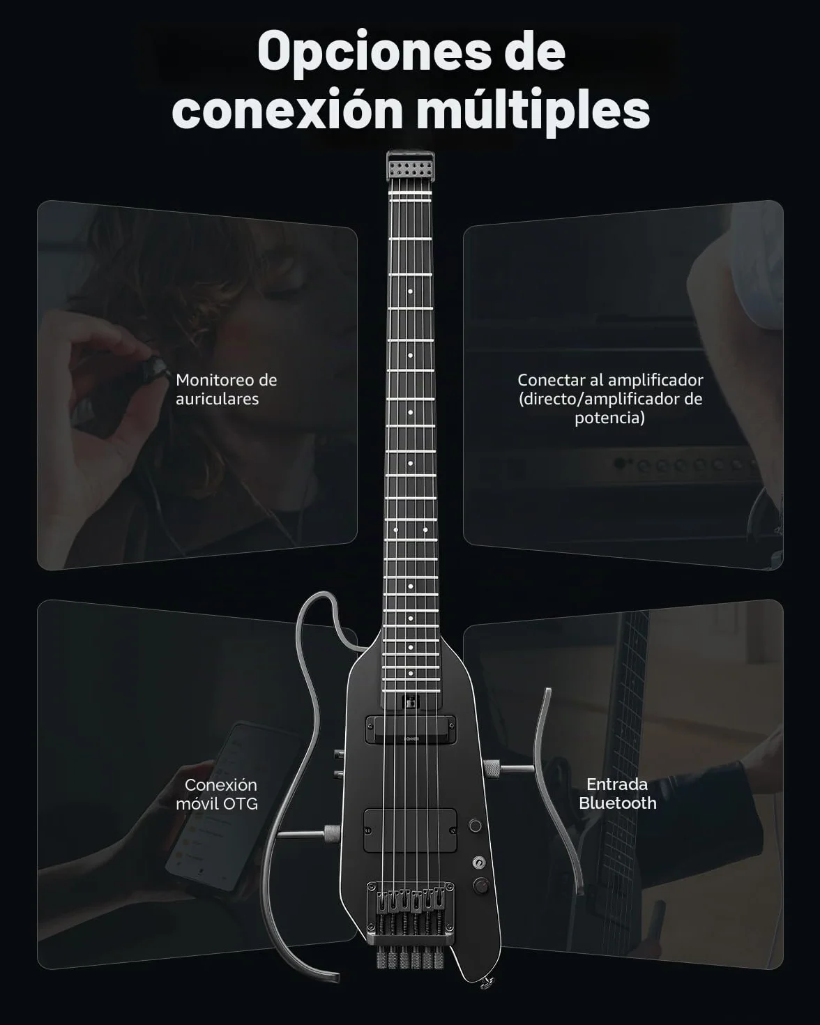 Donner HUSH X PRO Kit de guitarra eléctrica – Guitarra de viaje inteligente con docenas de combinaciones preestablecidas, 7 opciones de simulación de tono, Negro