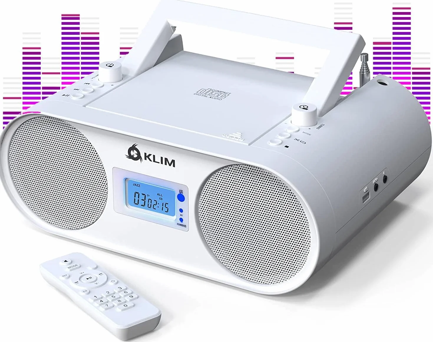 KLIM Boombox B4 Reproductor CD Portátil Radio FM Bluetooth MP3 AUX USB Batería Recargable Blanco