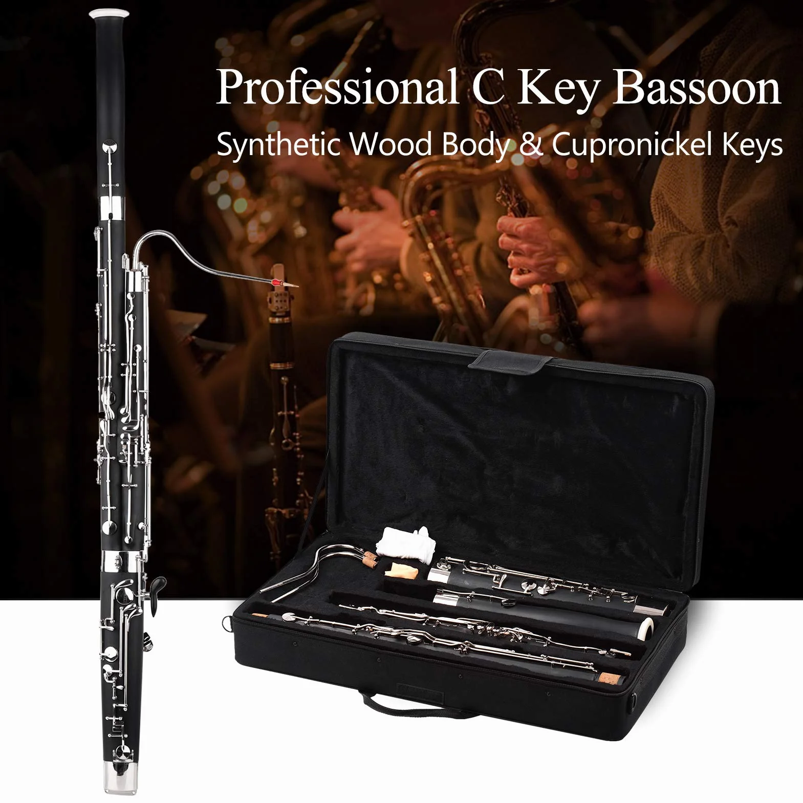 Jeffergarden Fagot de Madera Sintética C Key Woodwind Instrument con Accesorios de Carcasas de Transporte