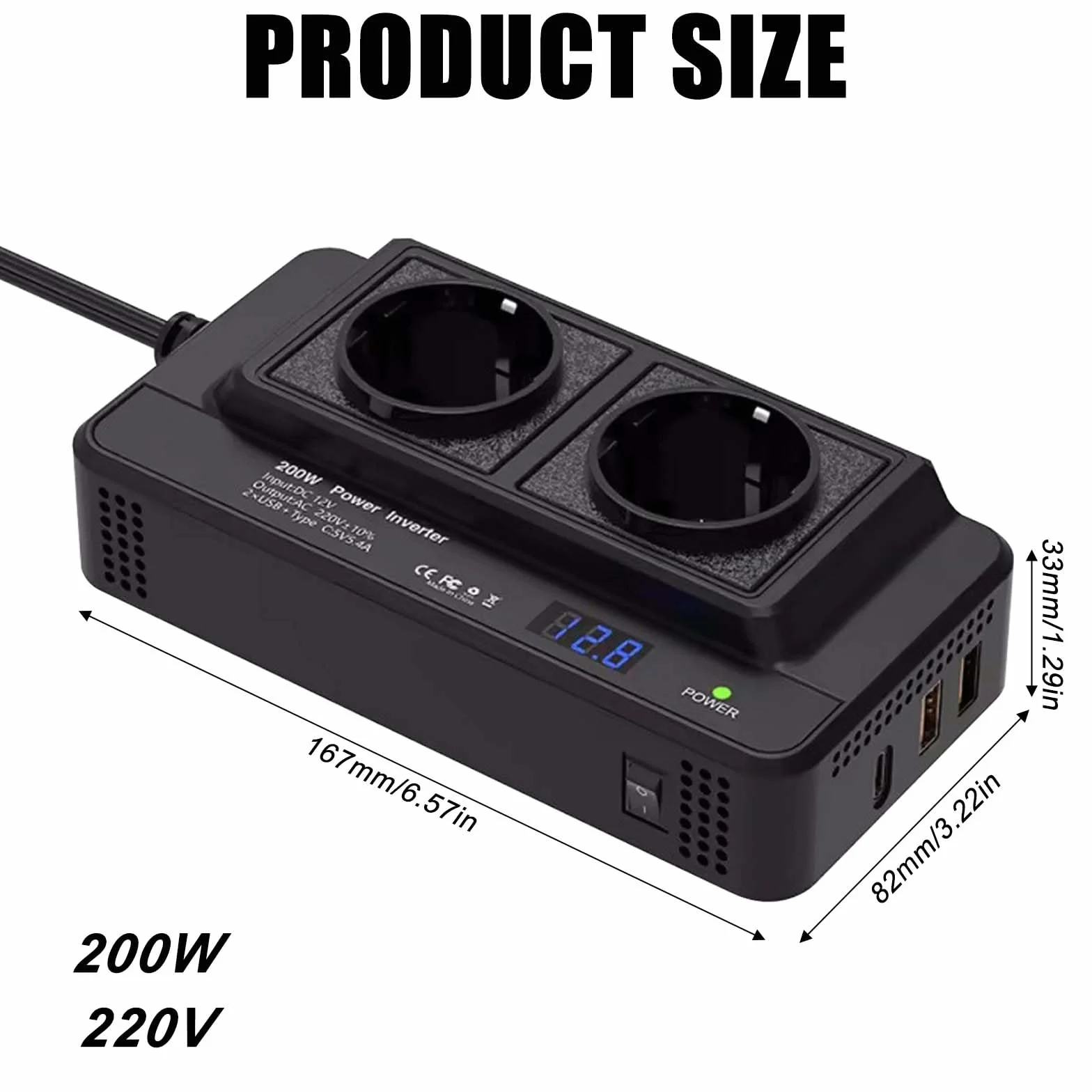 Transformador de voltaje para coche, 200 W, 12 V a 230 V, con 2 enchufes de carga y dos puertos USB, adaptador para encendedor de cigarrillos para viajes de negocios y vacaciones