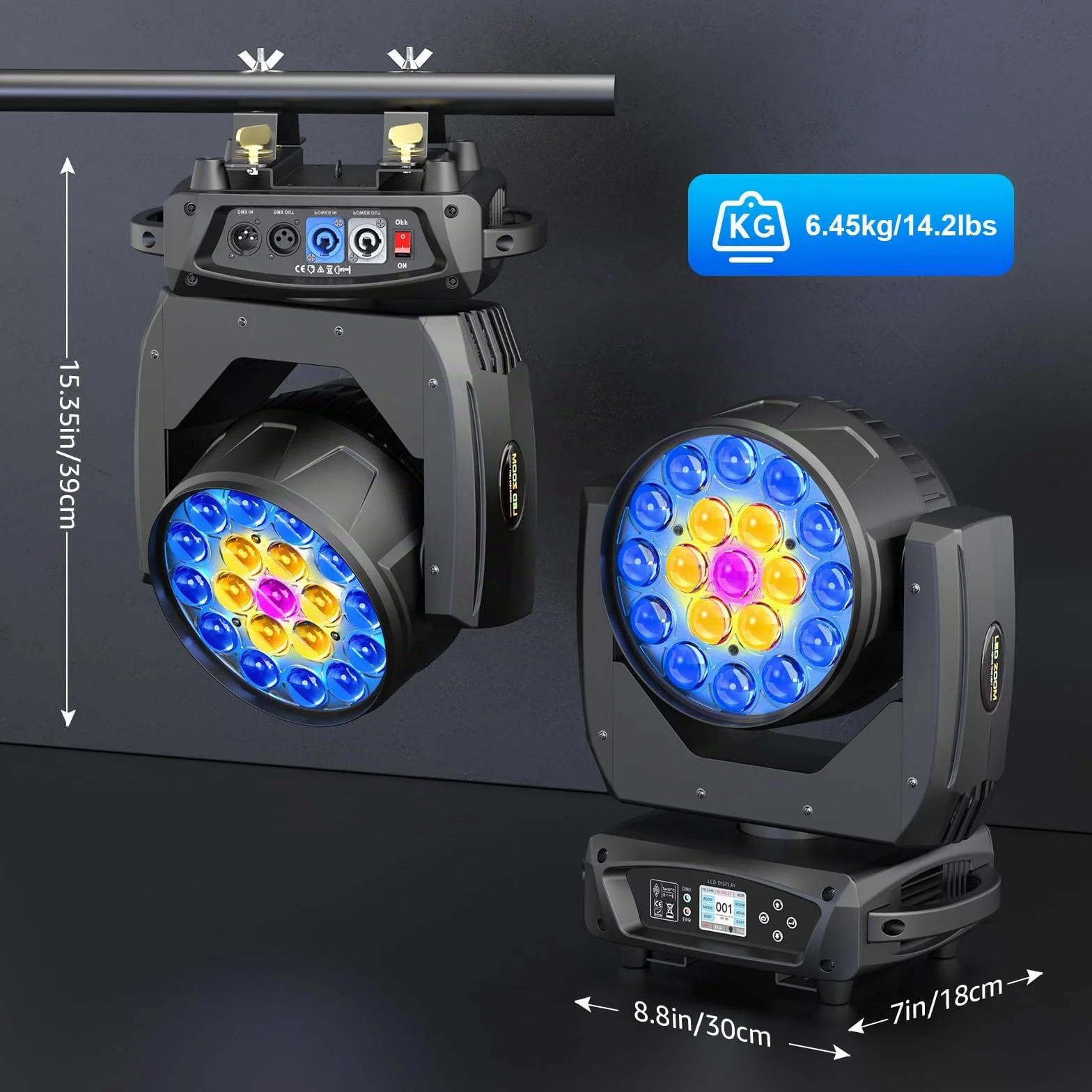 2 Piezas 19 X 15W Wash Zoom Cabeza Móvil, RGBW 4 en 1 LED Enfocando Luz 4 Modos de Control Profesional Escenario Moving Head para Fiesta KTV Concierto Bar Festival Boda Discoteca