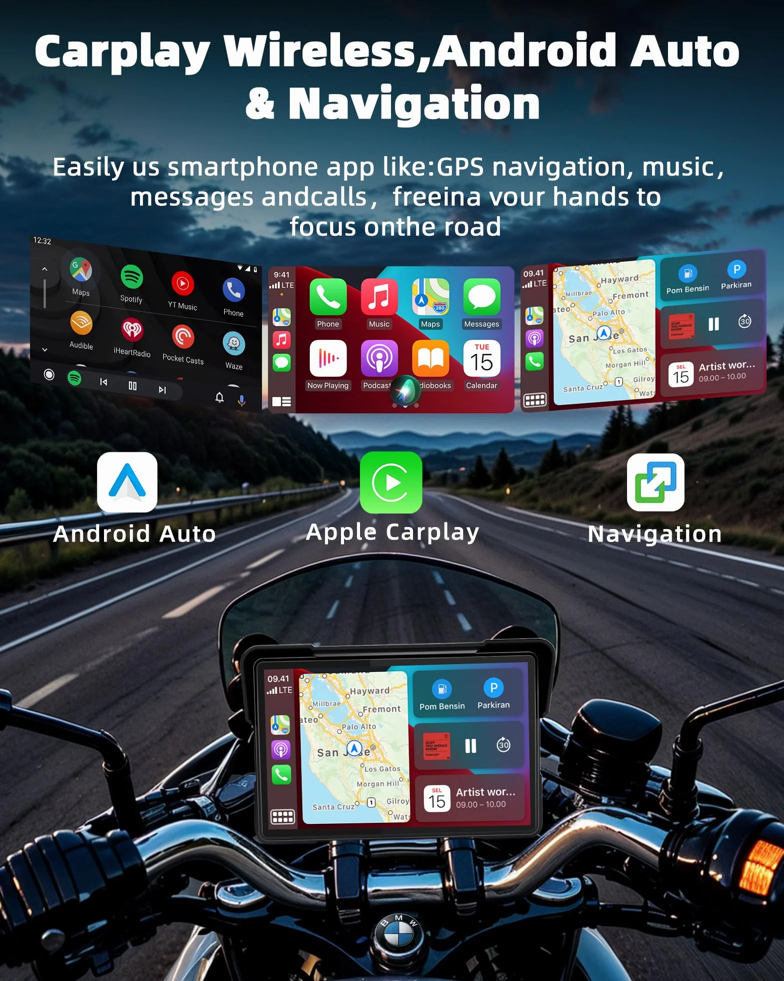 Carplay Moto para Motocicletas BMW, 7" Pantalla Navegador Moto Inalámbrico CarPlay y Android Auto, Fácil de Instalar Resistencia al Agua IP67, Bluetooth, Navegación GPS, Siri/Google Asistente