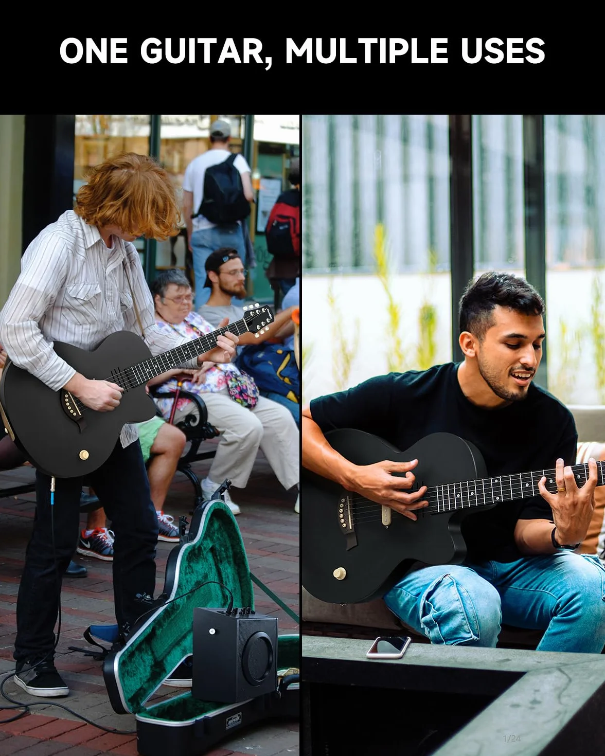 Moukey BCC-100 Guitarra electroacústica de 39 pulgadas con cutaway, pastilla pasiva, funda, correa, púas, afinador y cejilla, modo acústico y eléctrico, Negro