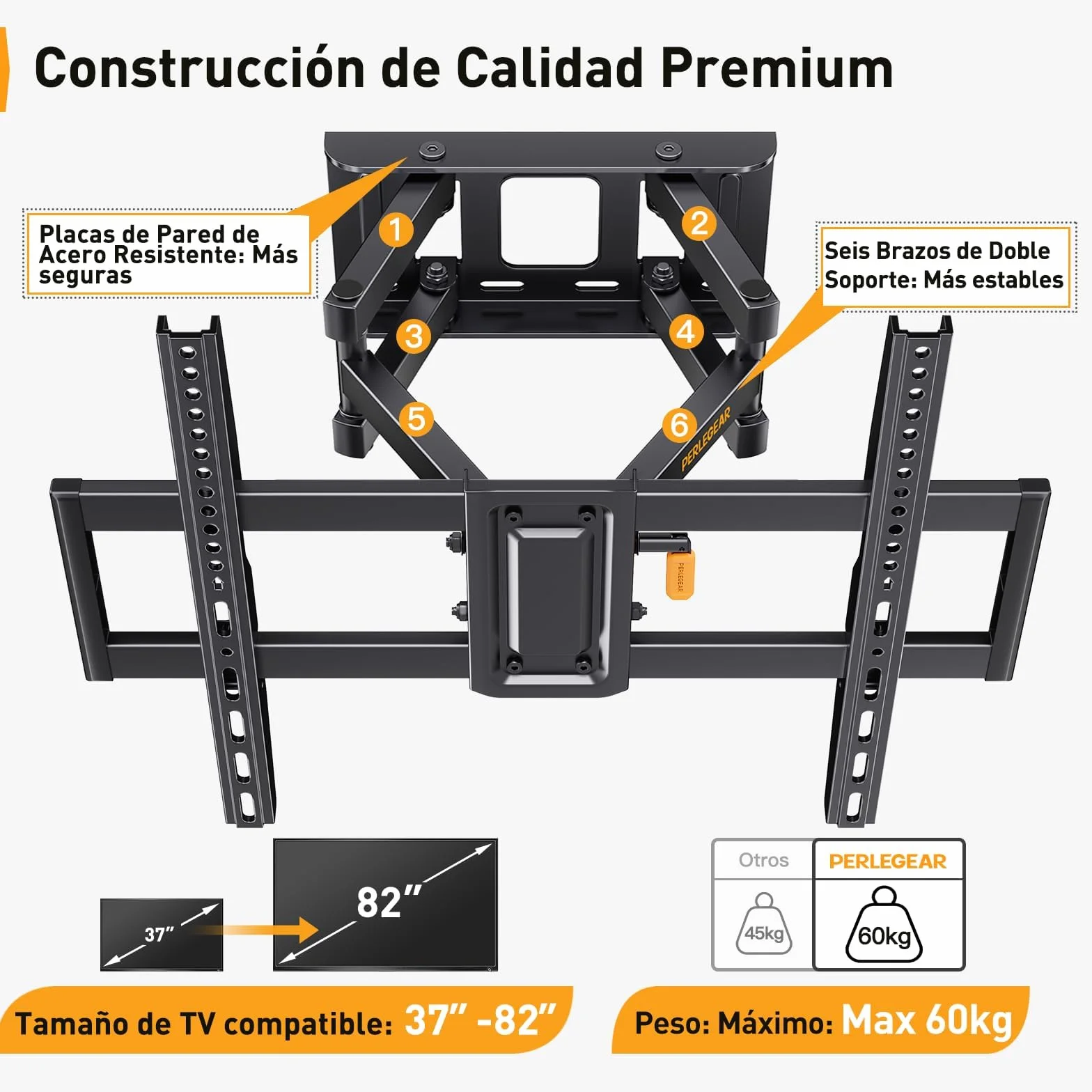 Perlegear Soporte de TV Pared Articulado Inclinable y Giratorio 37-82 Pulgadas 60 kg MAX VESA 600x400mm