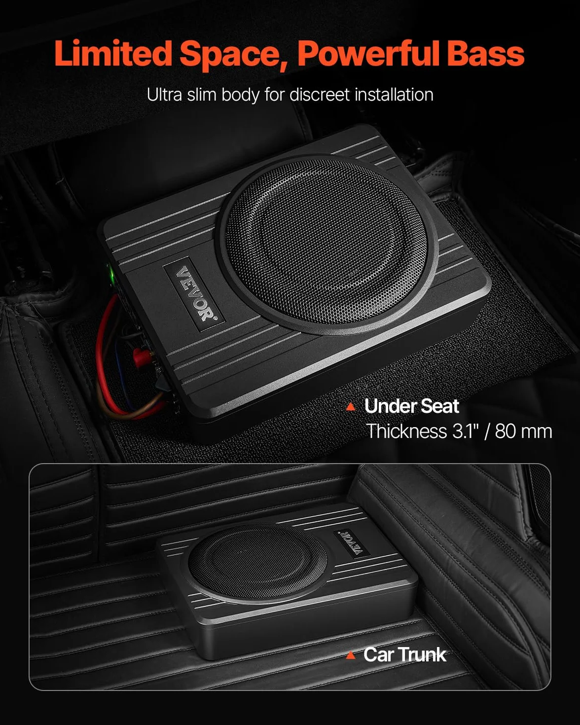 VEVOR Subwoofer para Debajo del Asiento para Automóvil 254 mm 300 W Altavoz Compacto para Coche Amplificador Incorporado Entrada Bajo Controlador de Volumen Control Remoto con Cable