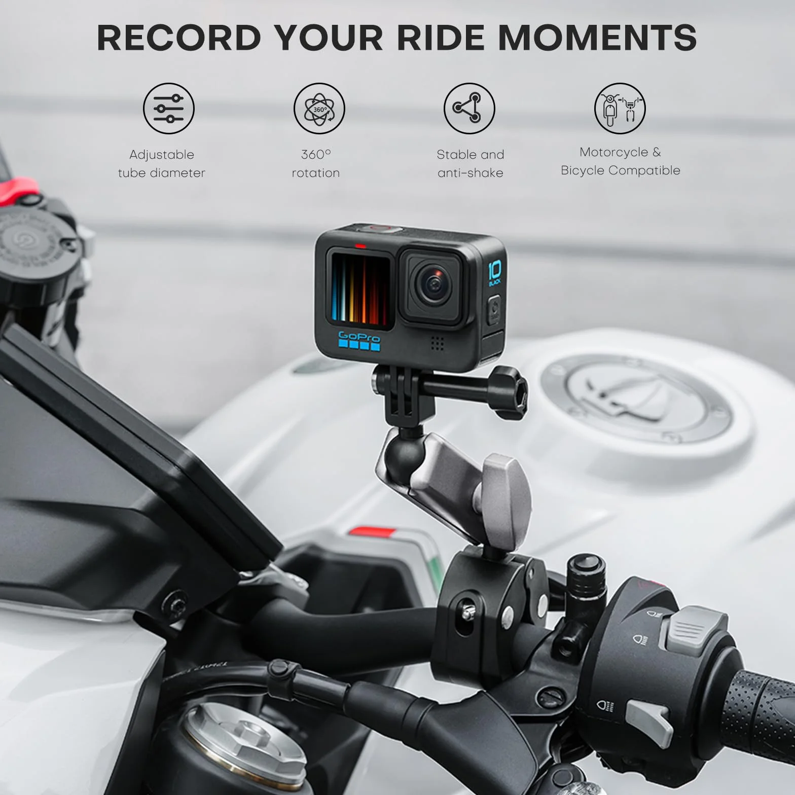 Soporte de cámara REYGEAK con cabezal de bola dual de 360° con tornillos de 1/4, soporte de manillar de bicicleta con doble garra para Gopro Max Hero 13/12/11/10/9