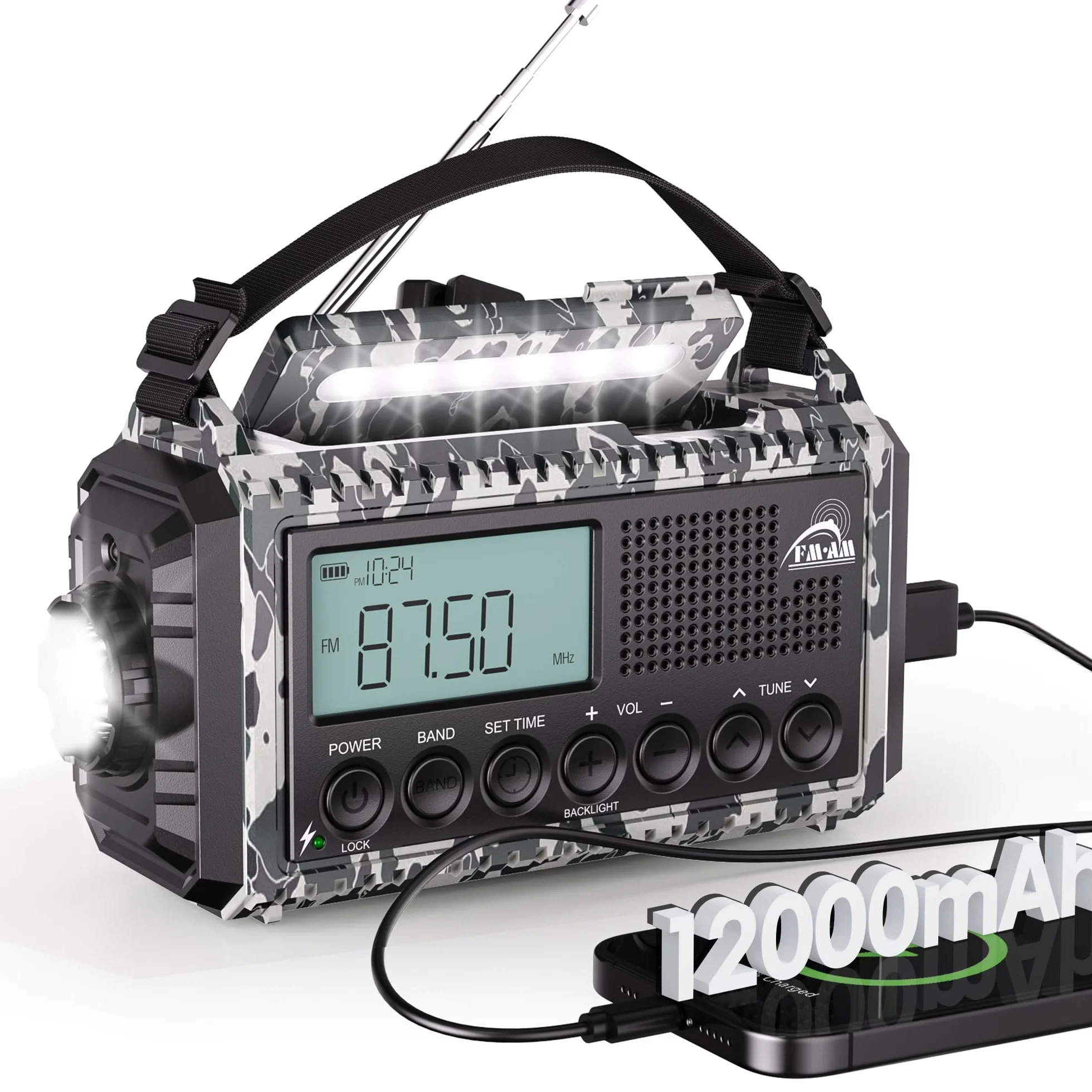 Mesqool Radio de Manivela 12000 mAh Recargable Portátil AM/FM/SW Linterna Lectura Emergencia Tipo C