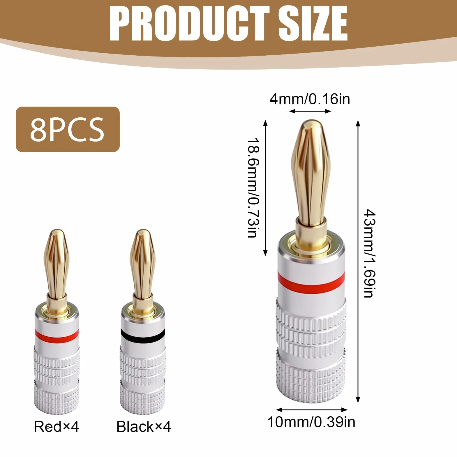 8 Piezas Conectores Banana para Altavoces 4mm Chapados en Oro 24K, Conectores de Audio HiFi para Cine en Casa, Compatibles con Cables de 0.75 mm a 4 mm (4 Rojos, 4 Negros)