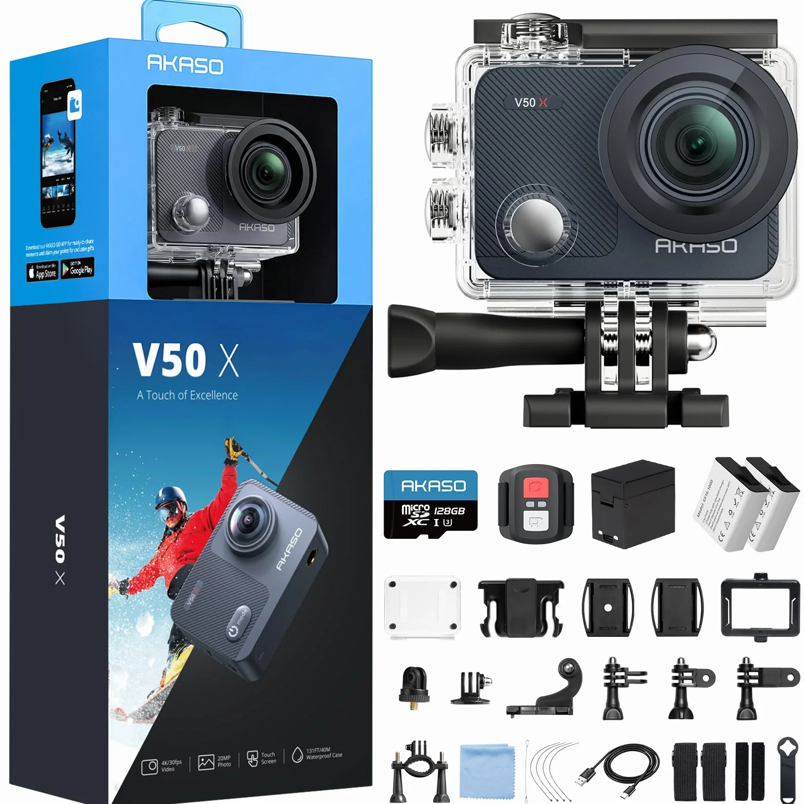 AKASO V50 X Cámara Deportiva 4K 128GB microSDXC U3 WiFi 20MP Sumergible 40M Pantalla Táctil Control Remoto