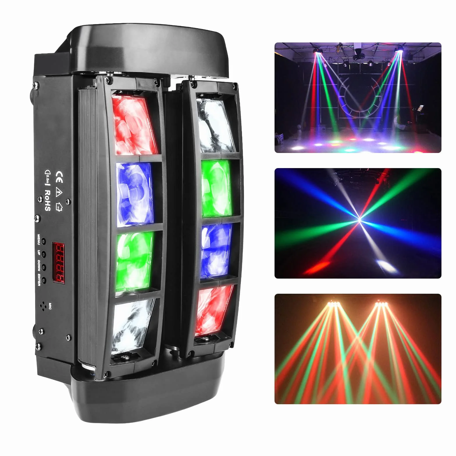 Luces de discoteca arcoíris, 8 luces LED de cabeza móvil para fiestas, luz de haz de araña activada por sonido