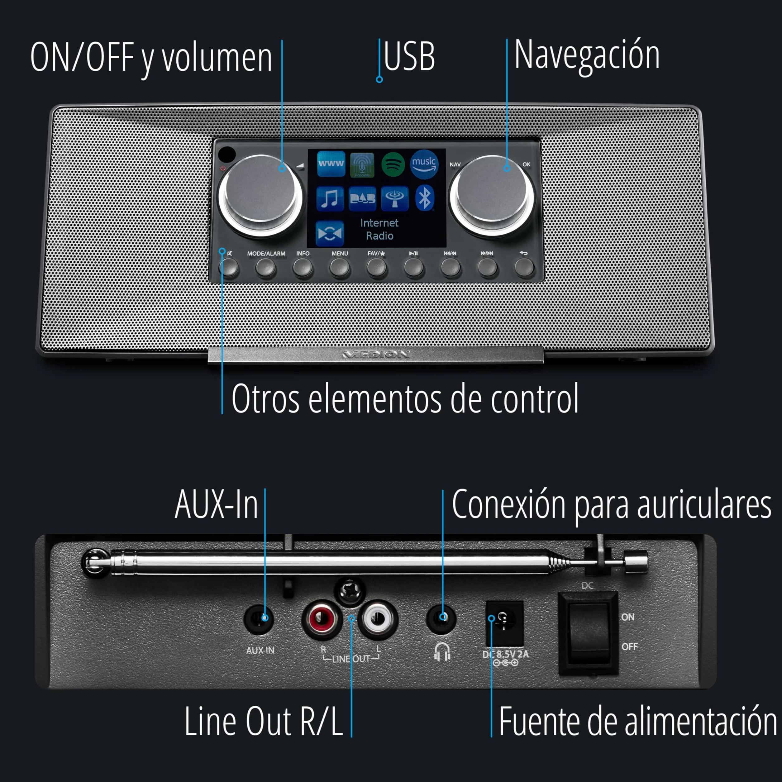 MEDION P85333 Radio por Internet con Dab+ (WiFi, FM, Spotify Connect, Amazon Music, USB, Toma de Auriculares, AUX, Stereo Line-out Cinch, Temporizador de sueño) Gris