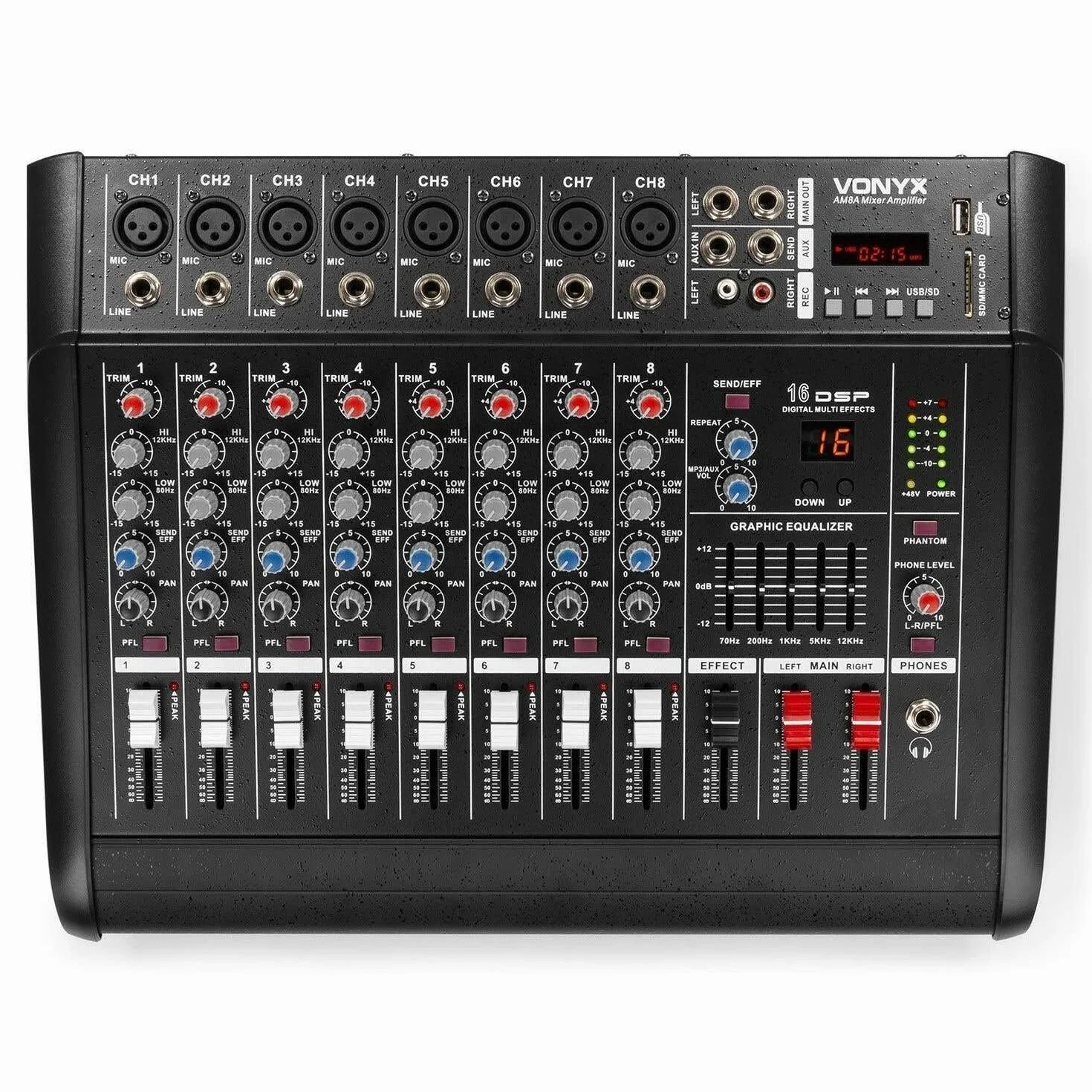 VONYX AM8A Mezclador de 8 canales con amplificador 2 x 500 vatios, módulo con 16 efectos DSP incorporados, conexión bluetooth, reproductor de MP3 con USB y SD, ecualizador general de 5 bandas