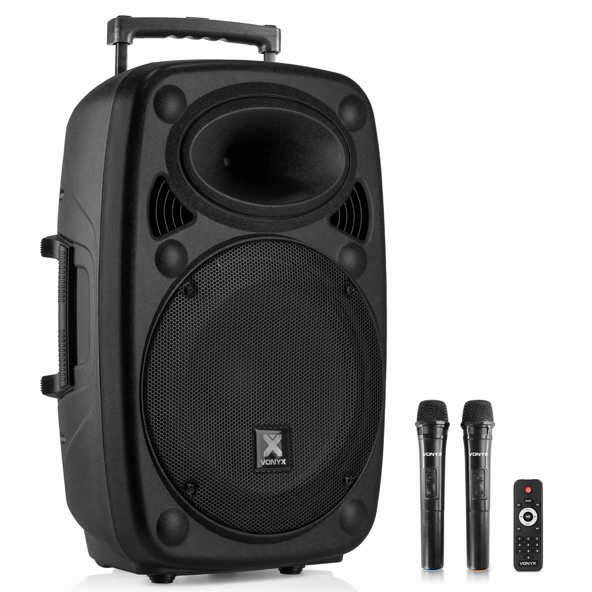 Vonyx Verve46 Altavoz Bluetooth Potente 1000w, Altavoz autoamplificado portatil con microfono Karaoke, Bluetooth Speaker USB, SD, MP3, AUX, 2 microfonos UHF, Mando a Distancia, Subwoofer 15", Negro