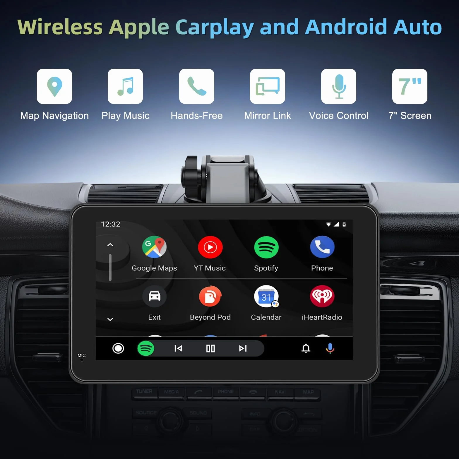 Pantalla Coche 7" Carplay HD Tactil Inalámbrica GPS Bluetooth Control por Voz Mirror Link FM Siri G-oogle