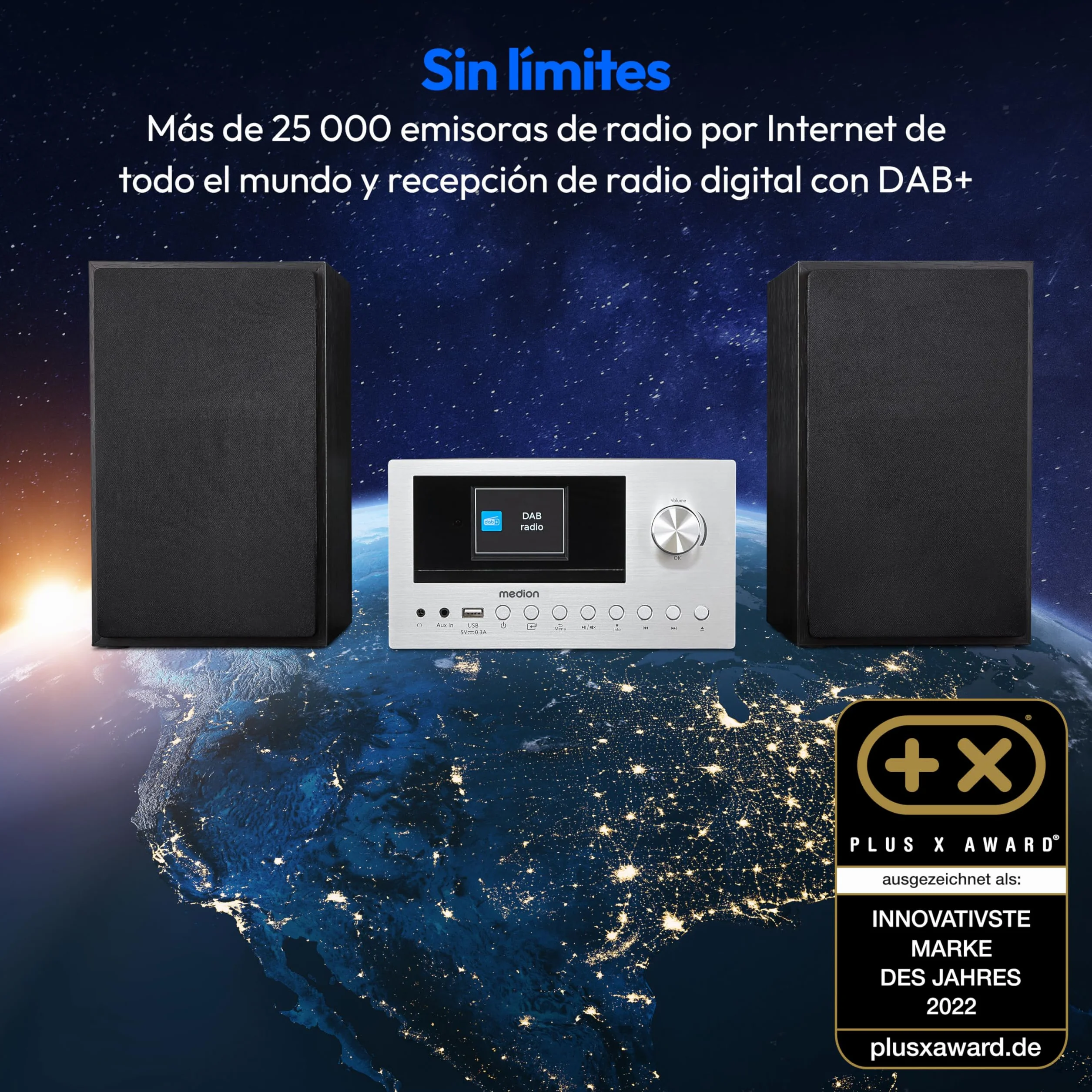 MEDION P85003 Micro Audio System Compacto (Microcadena, Radio por Internet, Dab+, Radio FM con PLL, Bluetooth, conexión USB, AUX, 2x150 W)