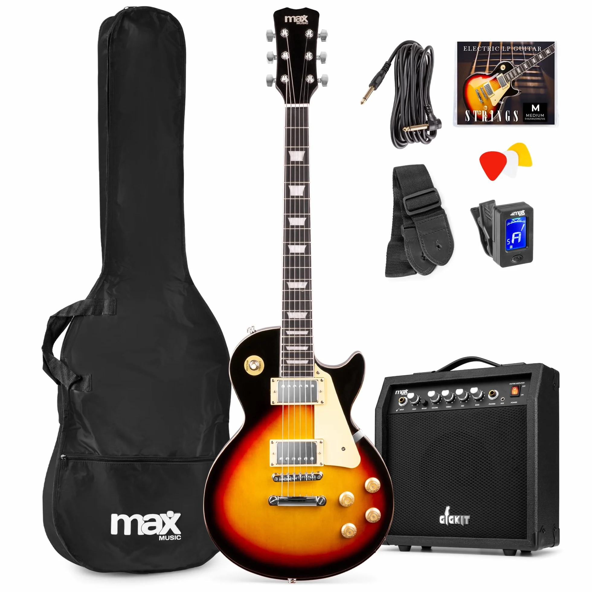Max GigKit SC - Guitarra Eléctrica Estilo single cut para principiantes o profesionales. Pastillas Humbucker, afinador digital, funda de guitarra, correa, cuerdas de repuesto, púas. color Sunburst