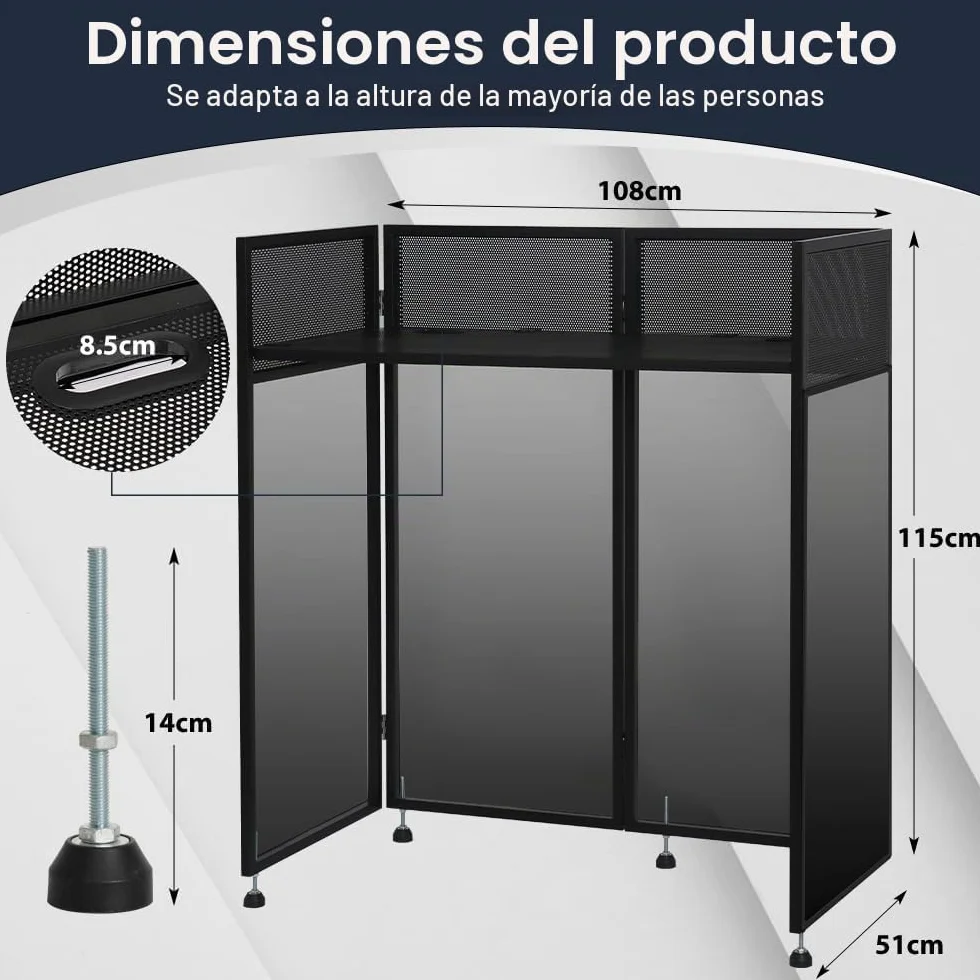Kokorona Cabina de DJ Portátil 108 x 51 x 115 cm, Cabina de Fachada de DJ con Pantallas Negras y Blancas, Cabina de DJ Plegable Ajustable para Fiestas, Estación de Mesa de Fachada de DJ con Orificio
