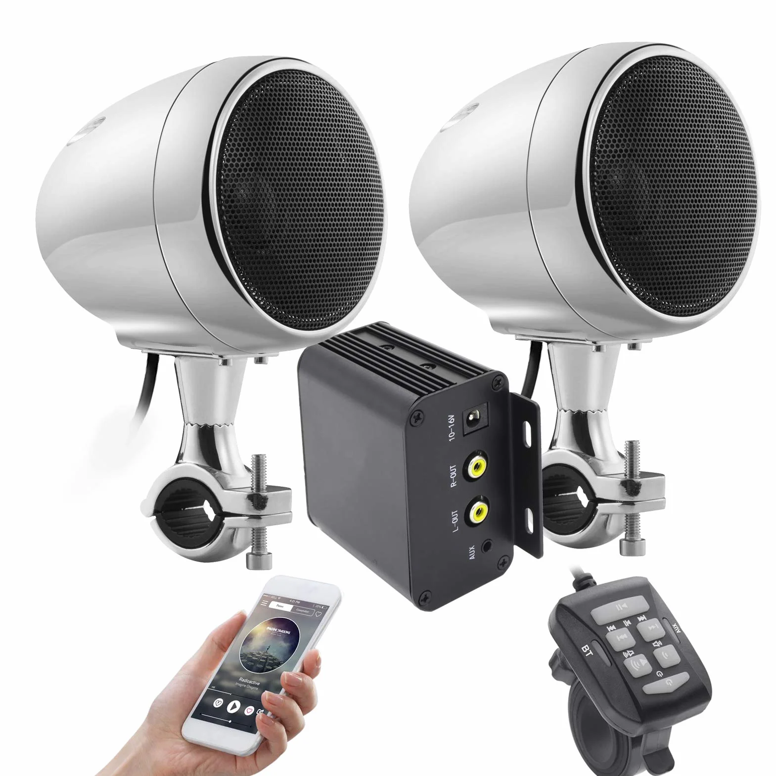 iMESTOU Amplificador de Motocicleta Sistema de Audio con AUX, MP3, Radio FM, 4 Pulgadas Rango Completo Impermeable Bluetooth Altavoces estéreo, Apto para Manillar de 1 a 1.5 Pulgadas, Motocicletas