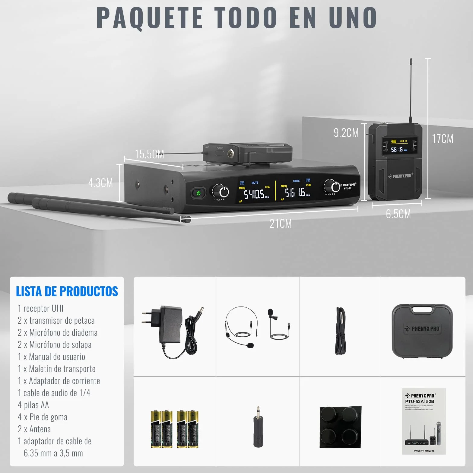 Phenyx Pro UHF Metal Sistema de micrófono inalámbrico Profesional con 2x30 Frecuencias, 2 Bodypacks y Diadema/micrófonos de Solapa para Hablar, Cantar, Iglesia, DJ (PTU-52-2B)