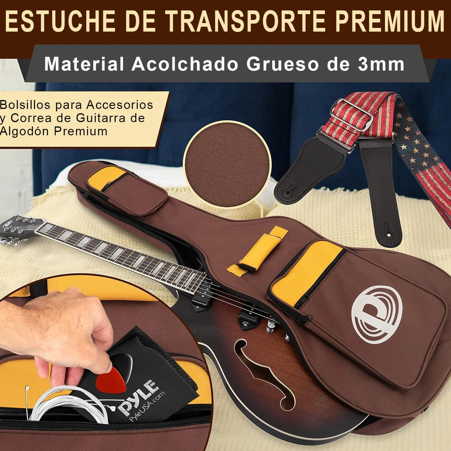 Pyle kit de guitarra electrica de cuerpo semihueco, Tamaño completo, 41.8”, Set de instrumentos de jazz con funda, Acabado mate y Sunburst