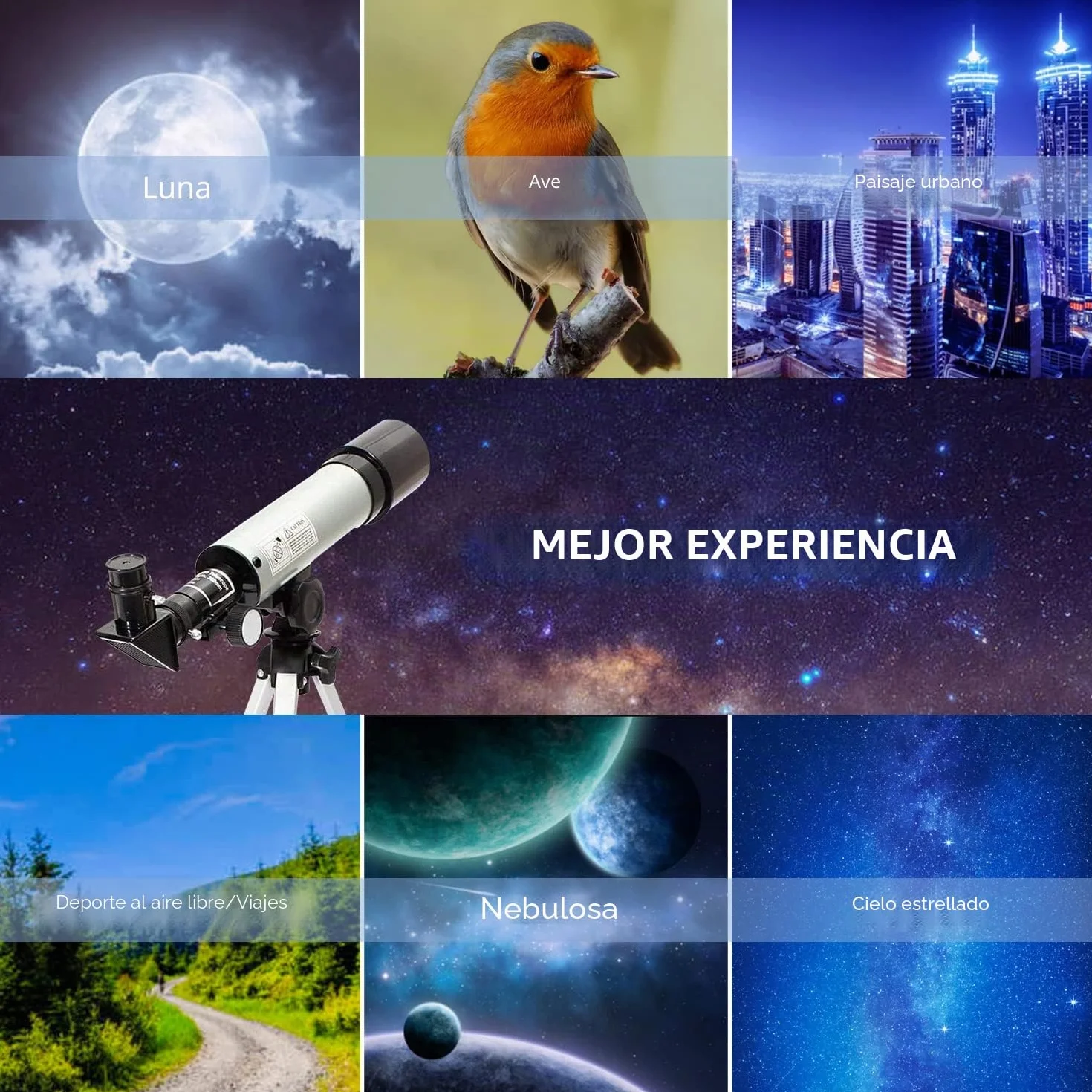 Telescopio Astronómico 360/50mm 90X Refractor con Trípode para Niños Adultos Observar Luna Aves