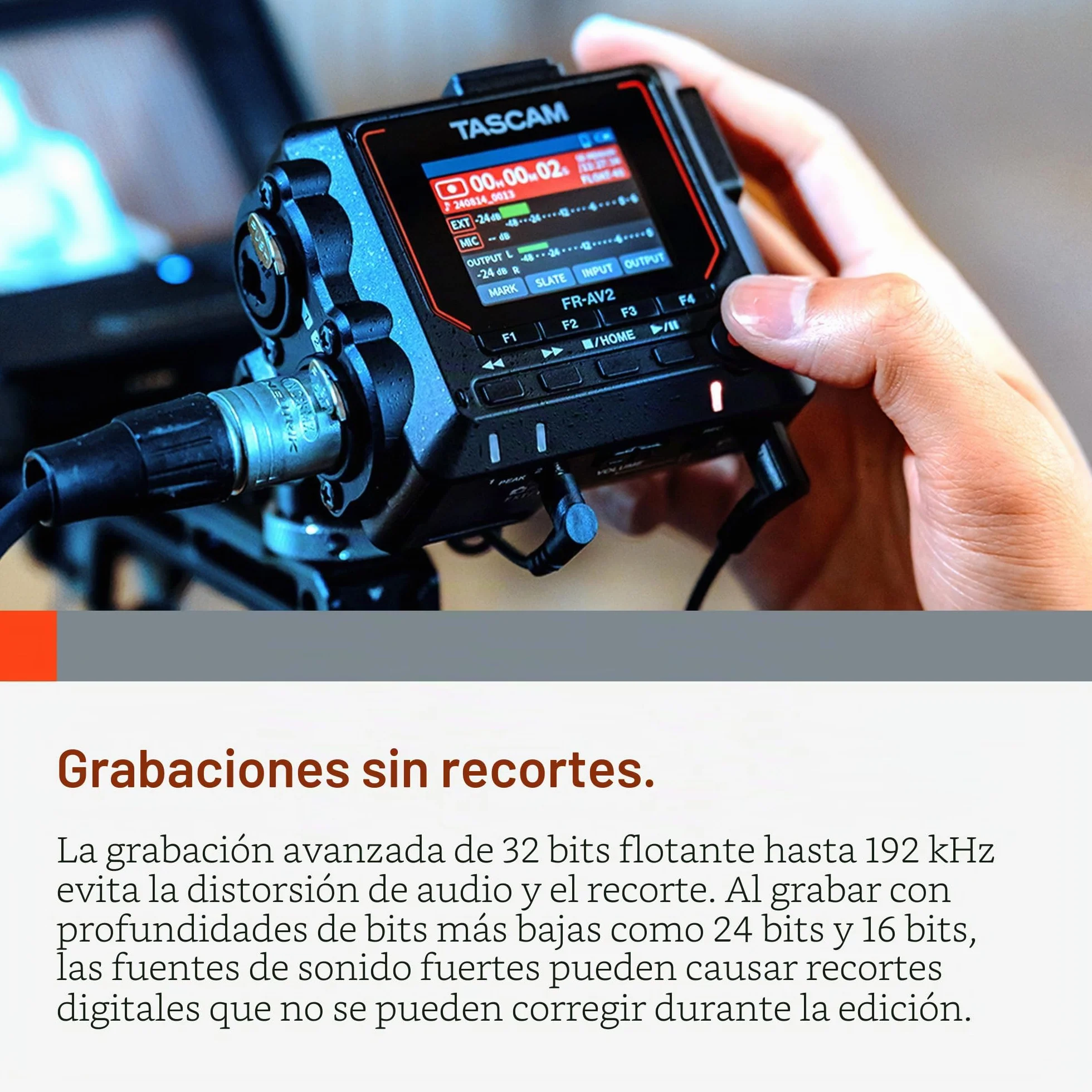 TASCAM FR-AV2 – Grabador de campo compacto de 32 bits Float y generador de código de tiempo con mezclador