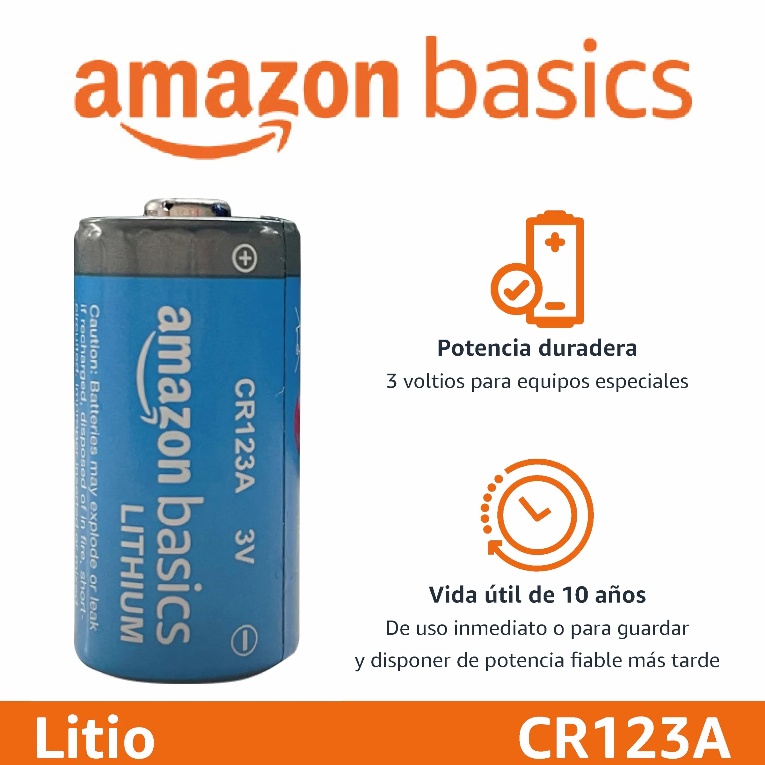 Amazon Basics - Paquete de 10 pilas de litio CR123A de 3 V, vida útil de 10 años