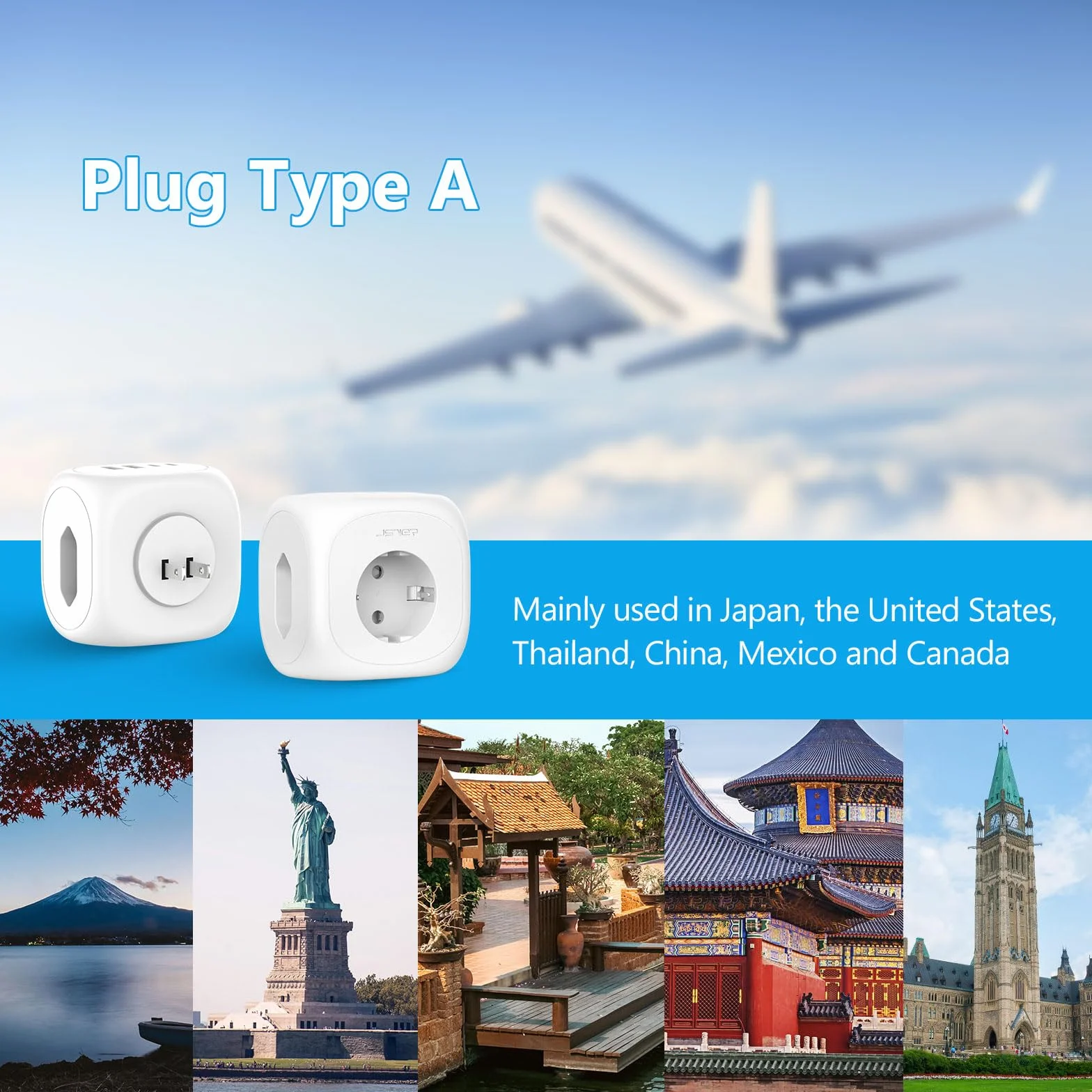 Adaptador Japon 3 Tomas, JSVER 7 en 1 Adaptador Enchufe para Japan Tipo A con 2 USB A y 2 USB C, Enchufe de Viaje para Español a Japones,América, México, Canadá, Tailandia-Blanco