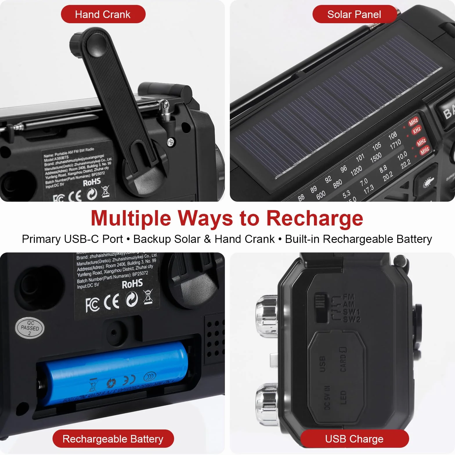 Radio de Emergencia con Manivela y Solar, Radio Portátil Pequeña Am/FM/SW, Linterna LED, SOS, Power Bank 2600mAh Recargable para Supervivencia y Camping - Negro