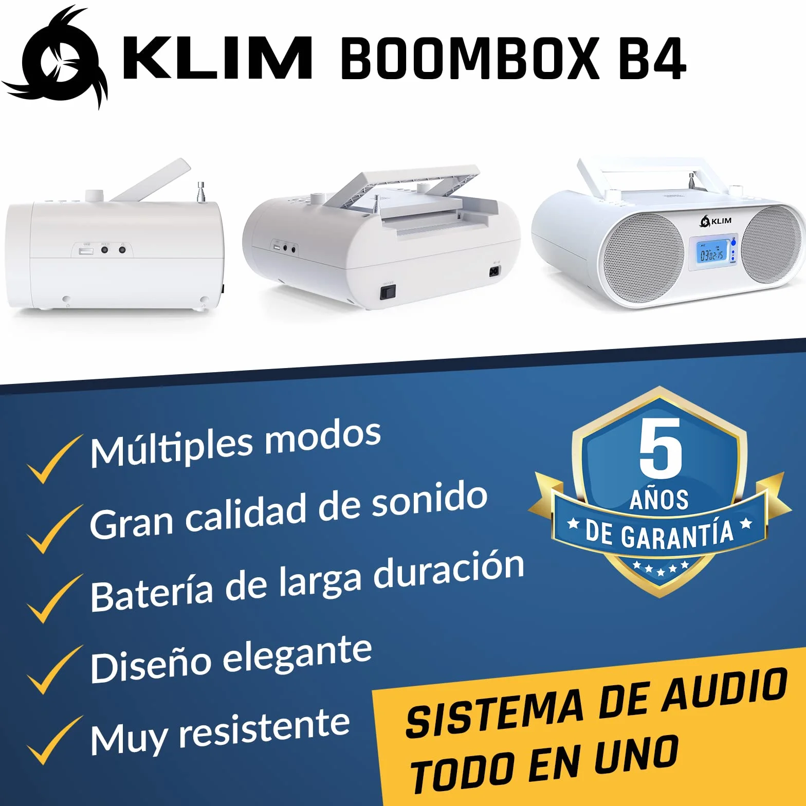 KLIM Boombox B4 Reproductor CD Portátil Radio FM Bluetooth MP3 AUX USB Batería Recargable Blanco
