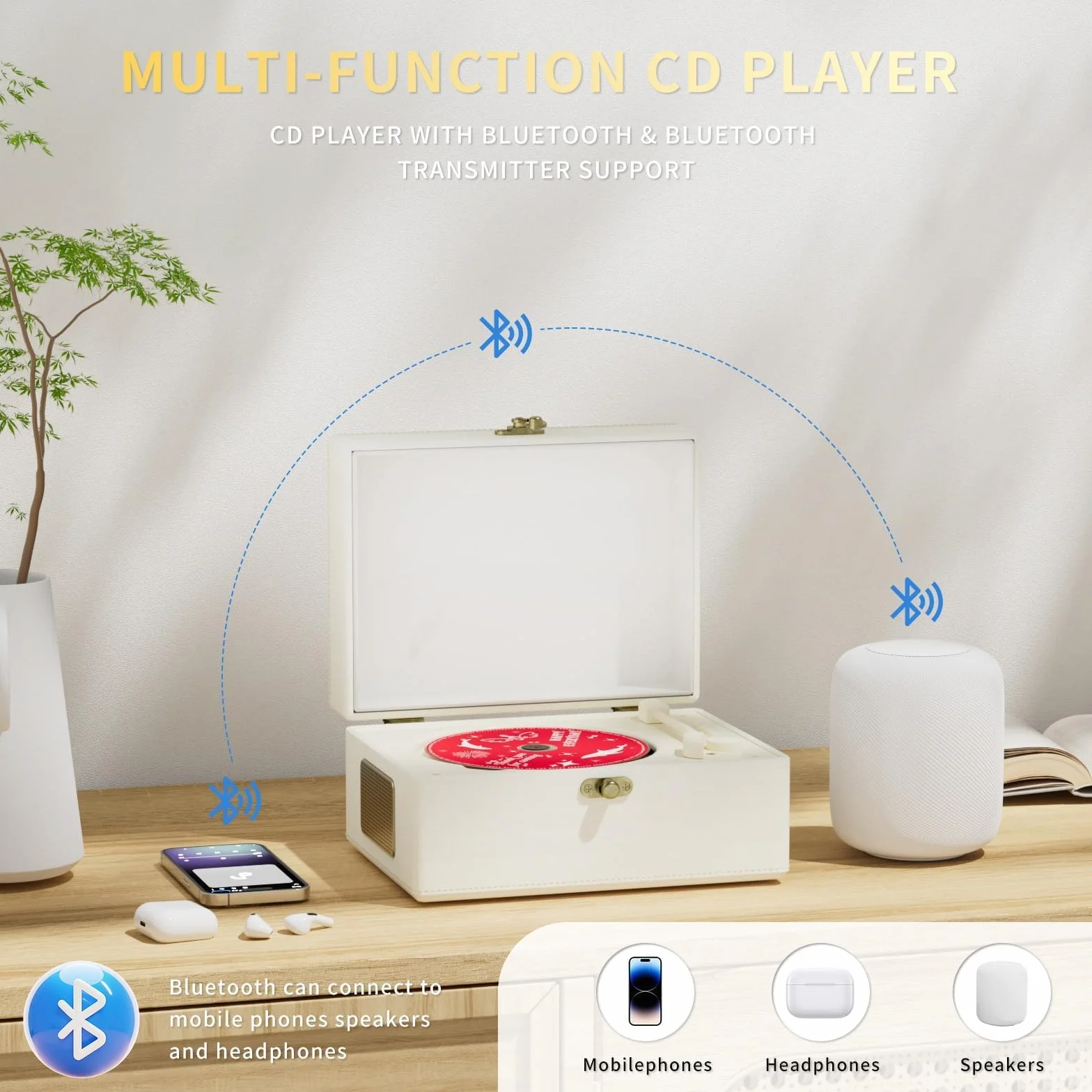 Yintiny Reproductor de CD recargable de cuero con Bluetooth blanco