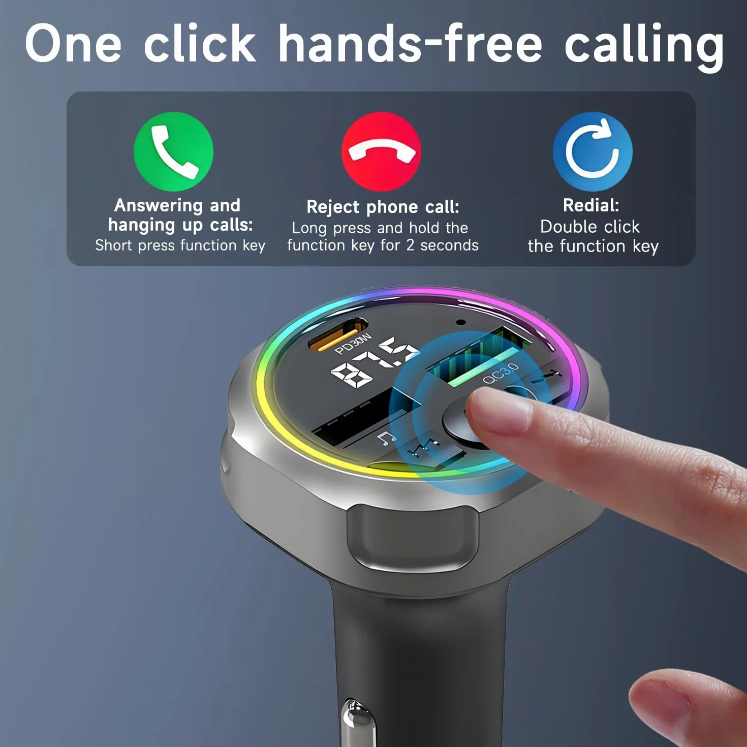 Qumox Transmisor FM Bluetooth 5.3 para Coche, Cargador PD 30W + QC3.0, Luz Ambiental RGB, Puertos USB Dobles, Manos Libres, Audio Hi-Fi, Compatible con iPhone/Samsung/Todo Tipo de Vehículos