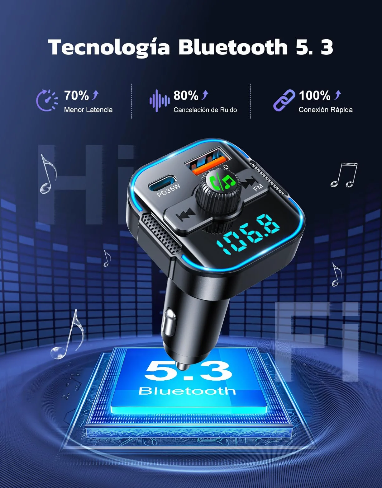Glangeh 2026 Transmisor FM Bluetooth 5.3 Coche【PD 36W + QC 18W】, 2 en 1 【Micrófonos Duales】 Receptor Bluetooth y Cargador Rápido, Kit Manos Libres Coche Bluetooth, Asistente Siri/Musica