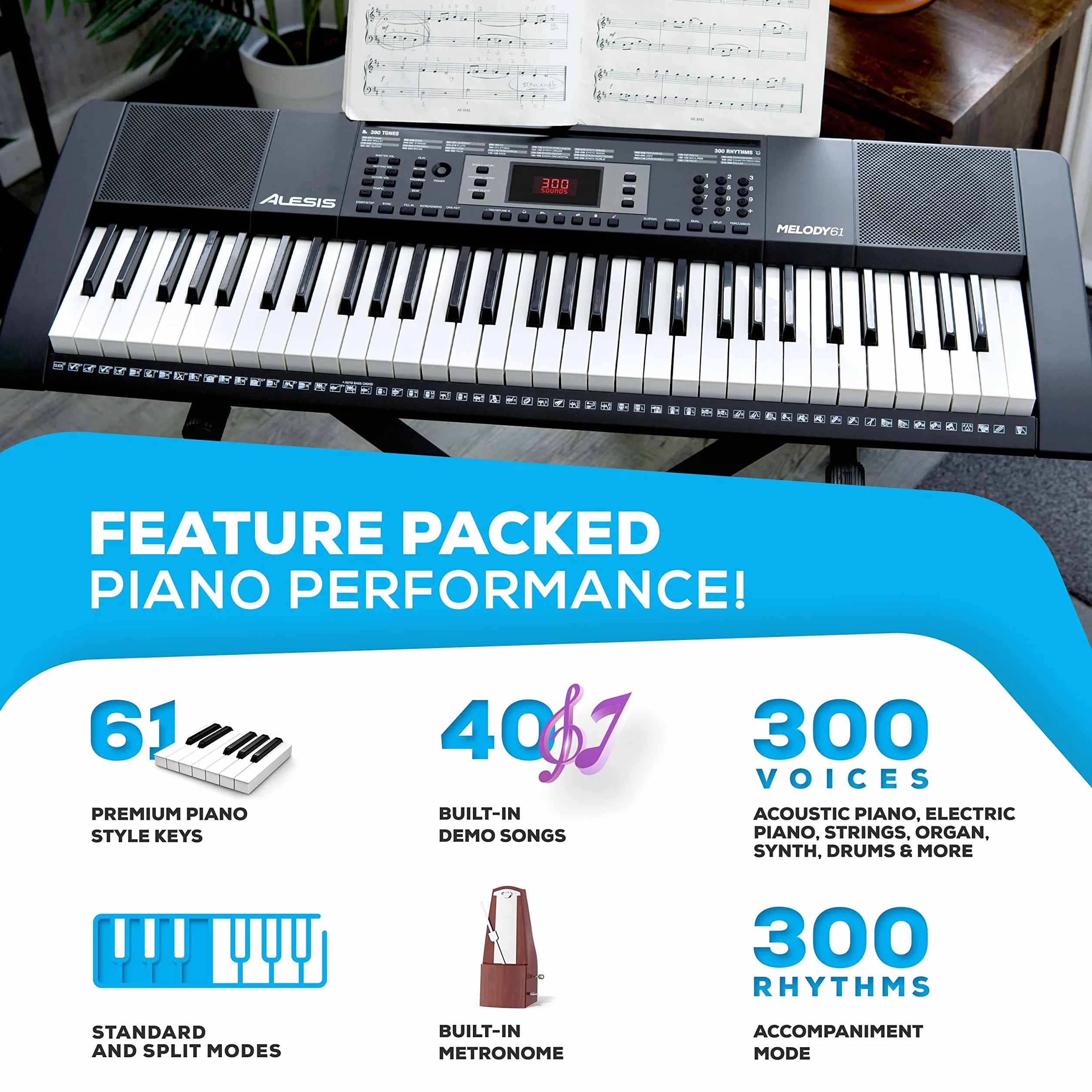 Alesis Melody 61 - Teclado de piano electrico para principiantes con altavoces, soporte, banqueta, auriculares, micrófono, atril, 300 sonidos y lecciones de música, Modelo Antiguo