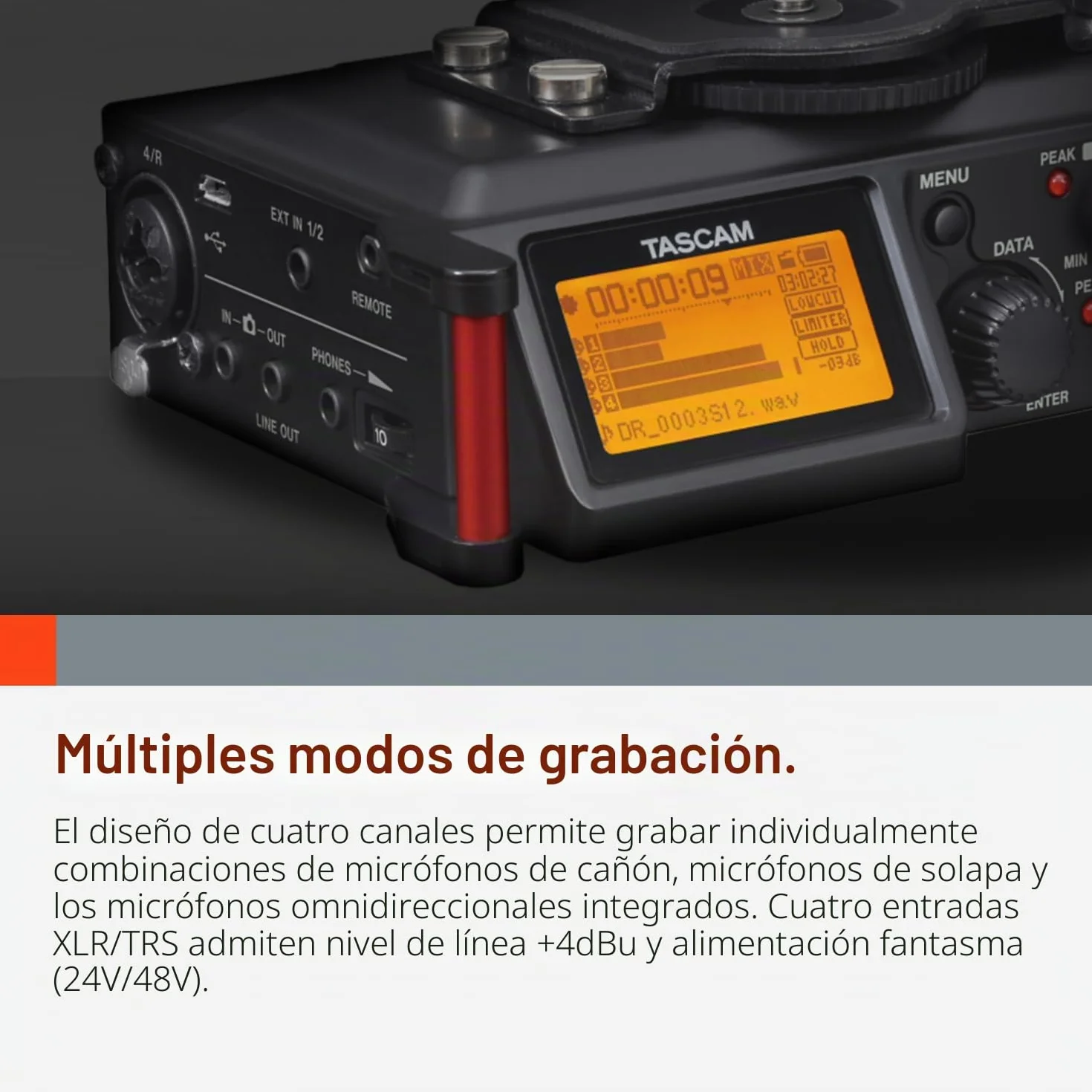TASCAM Grabadora de audio portátil de 4 canales para videógrafos, 4 entradas combinadas XLR/TRS, 2 micrófonos internos, limitador, filtro HP (DR-70D)