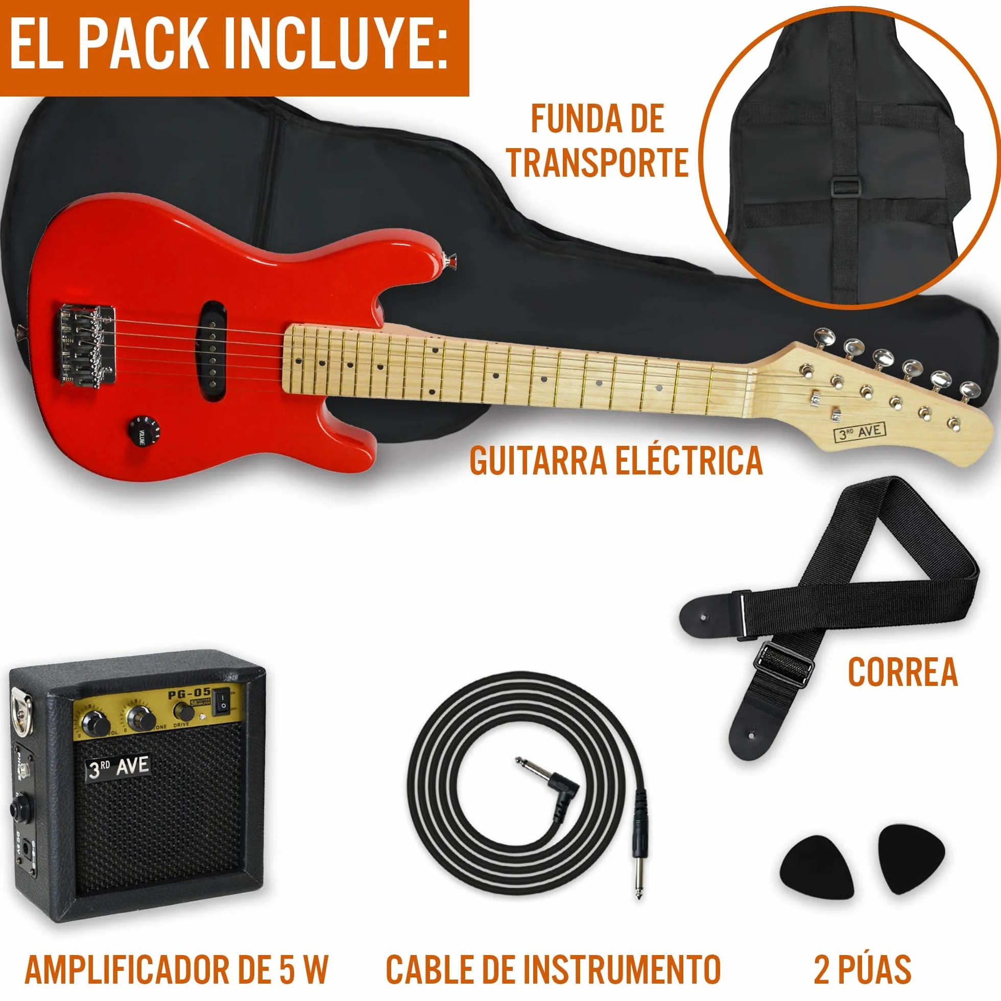 3rd Avenue Pack de guitarra eléctrica de tamaño 1/4 para niños principiantes de 3rd Avenue, amplificador portátil de 5 W, cable, funda de transporte, púas y correa, Rojo